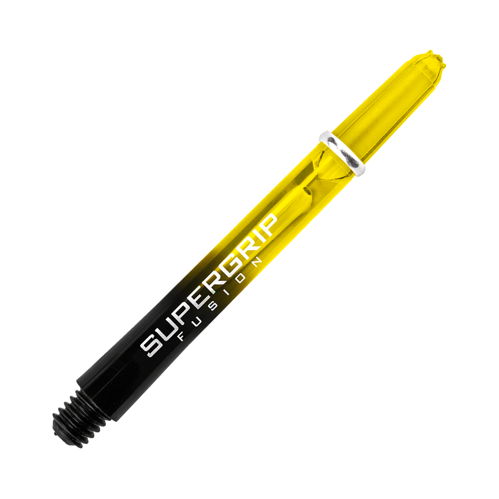 Das Bild zeigt einen Harrows Supergrip Fusion Shafts in Gelb. Der Schaft hat einen schwarzen und gelben Farbverlauf mit weißer Aufschrift.