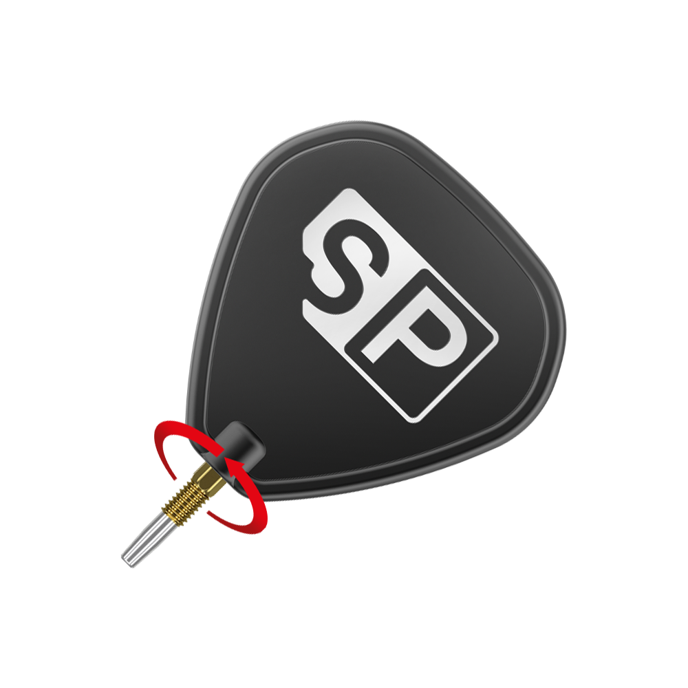 Target Swiss Point Nano Dartspitzen - Gold Das Bild zeigt eine schwarze Dart-Flight mit der weißen Aufschrift "SP". Unten ist eine goldfarbene Dartspitze mit silberner Spitze zu sehen.