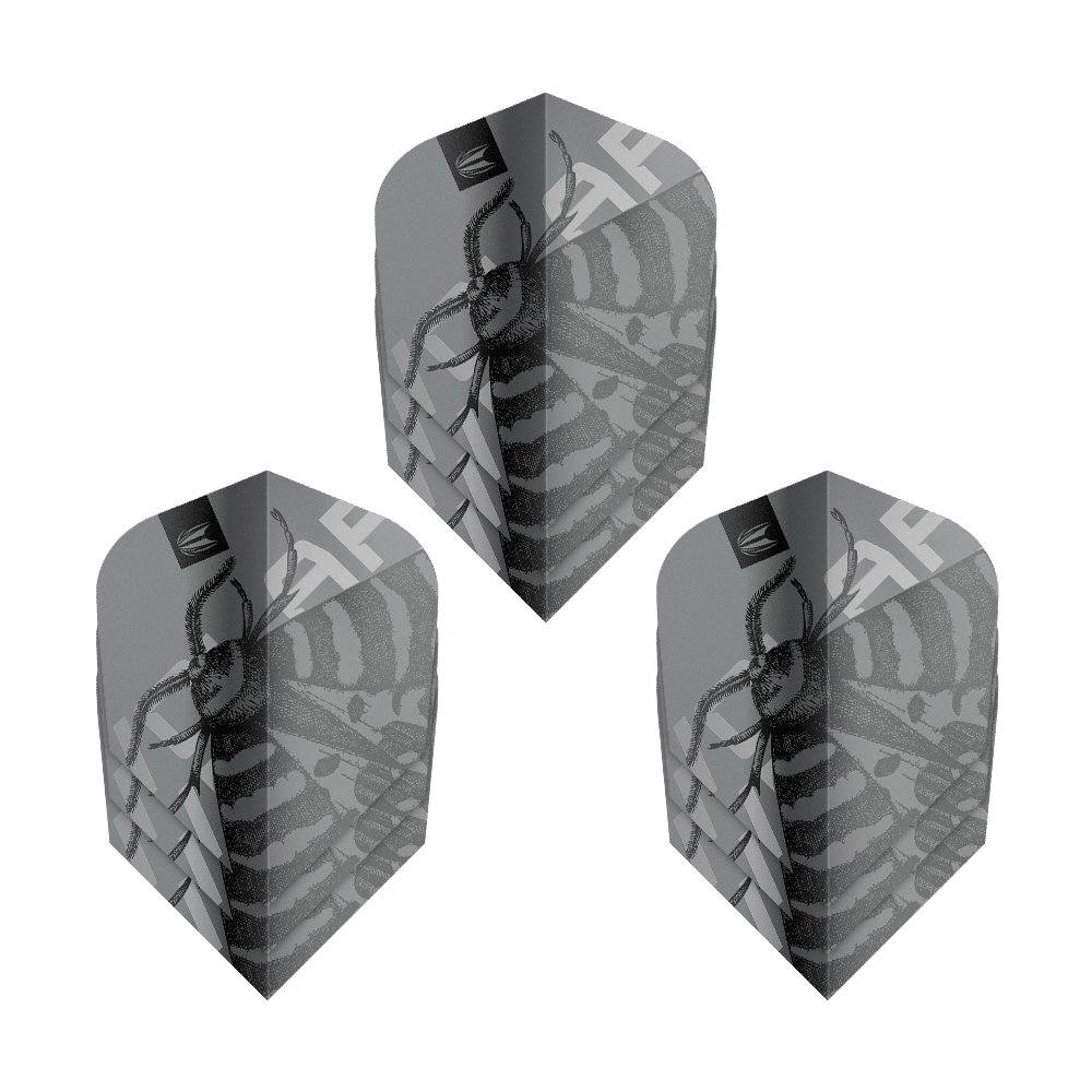 Target Pro Ultra Volar Ten-X Flights - 3 Sets Das Bild zeigt drei Sets der Target Pro Ultra Volar Ten-X Flights. Die Flights haben ein auffälliges, schwarz-graues Design mit einem Insektenmotiv.