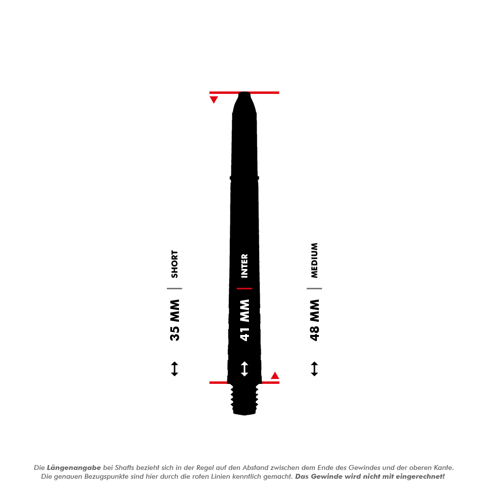 7020_Winmau_Prism_Force_Shafts_5_41mmiHJMP4rLRPHmX Das Bild zeigt die Längenangaben der Winmau Prism Force Shafts in der Farbe Clear. Es werden die Größen Short (35 mm), Inter (41 mm) und Medium (48 mm) dargestellt, wobei das Gewinde nicht mit eingerechnet wird.