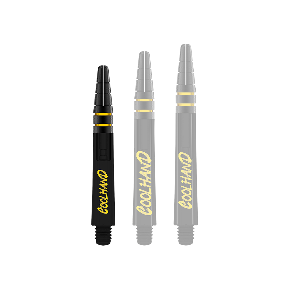 Red Dragon Nitrotech Luke Humphries Coolhand Shafts - Schwarz Das Bild zeigt drei schwarze Dartschäfte mit gelber Schrift, auf denen "COOLHAND" steht. Die Schäfte haben gelbe Ringe und sind 36 mm lang.