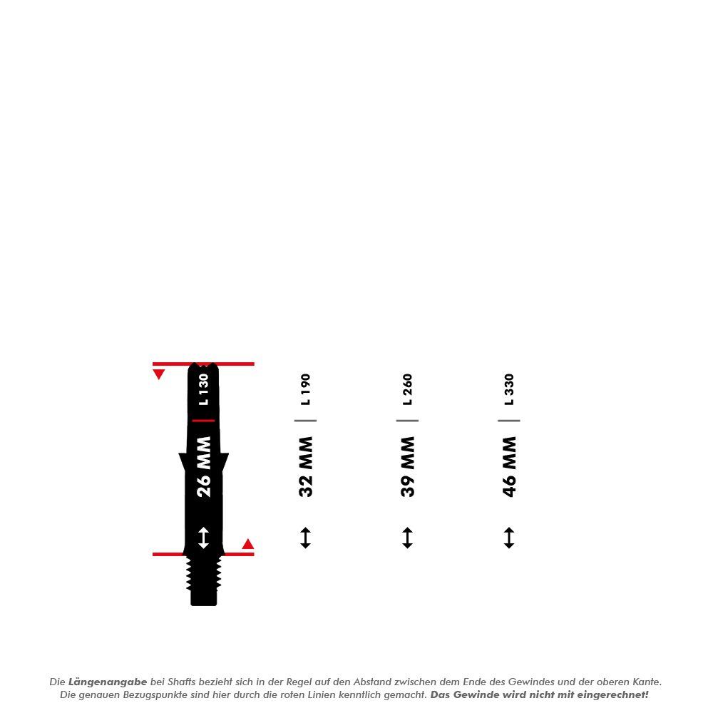 Das Bild zeigt verschiedene Längen von L-Style L-Shafts ohne Kappen, beginnend bei 26 mm. Die Längenangaben beziehen sich auf den Abstand zwischen dem Gewindeende und der oberen Kante, das Gewinde selbst wird nicht mitgerechnet.