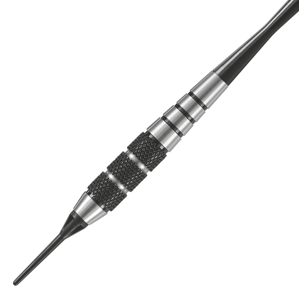 Auf dem Bild ist ein Softdart mit einem Edelstahl-Gehäuse zu sehen. Der Dart hat ein schwarz-silbernes Design mit geriffeltem Griffbereich.