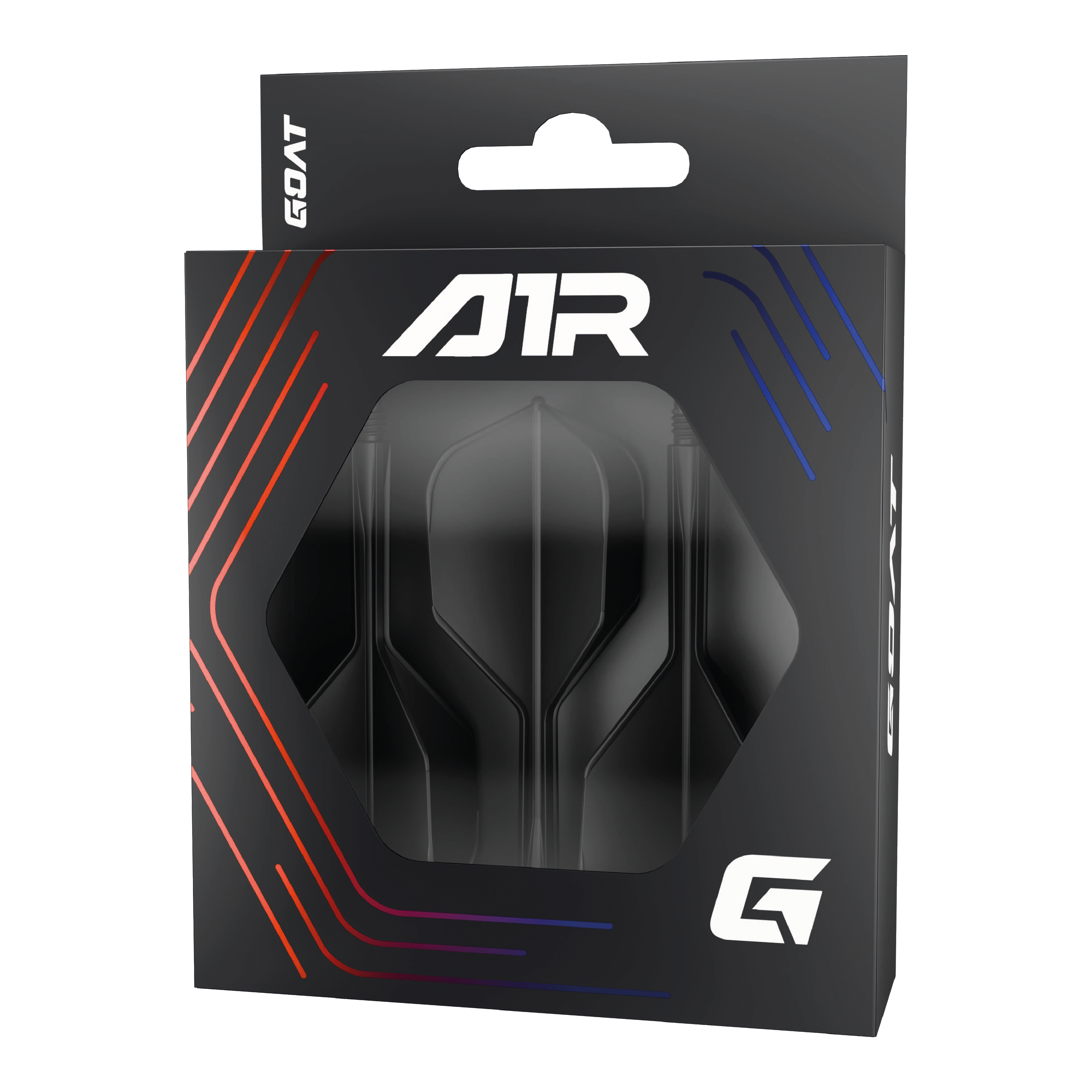 GOAT A1R No6 Flight-Shaft-System - Schwarz Die Abbildung zeigt die Verpackung des Produkts „GOAT A1R No6 Flight-Shaft-System - Schwarz“. In der schwarzen Schachtel sind Flights und Shafts für Dartpfeile sichtbar.