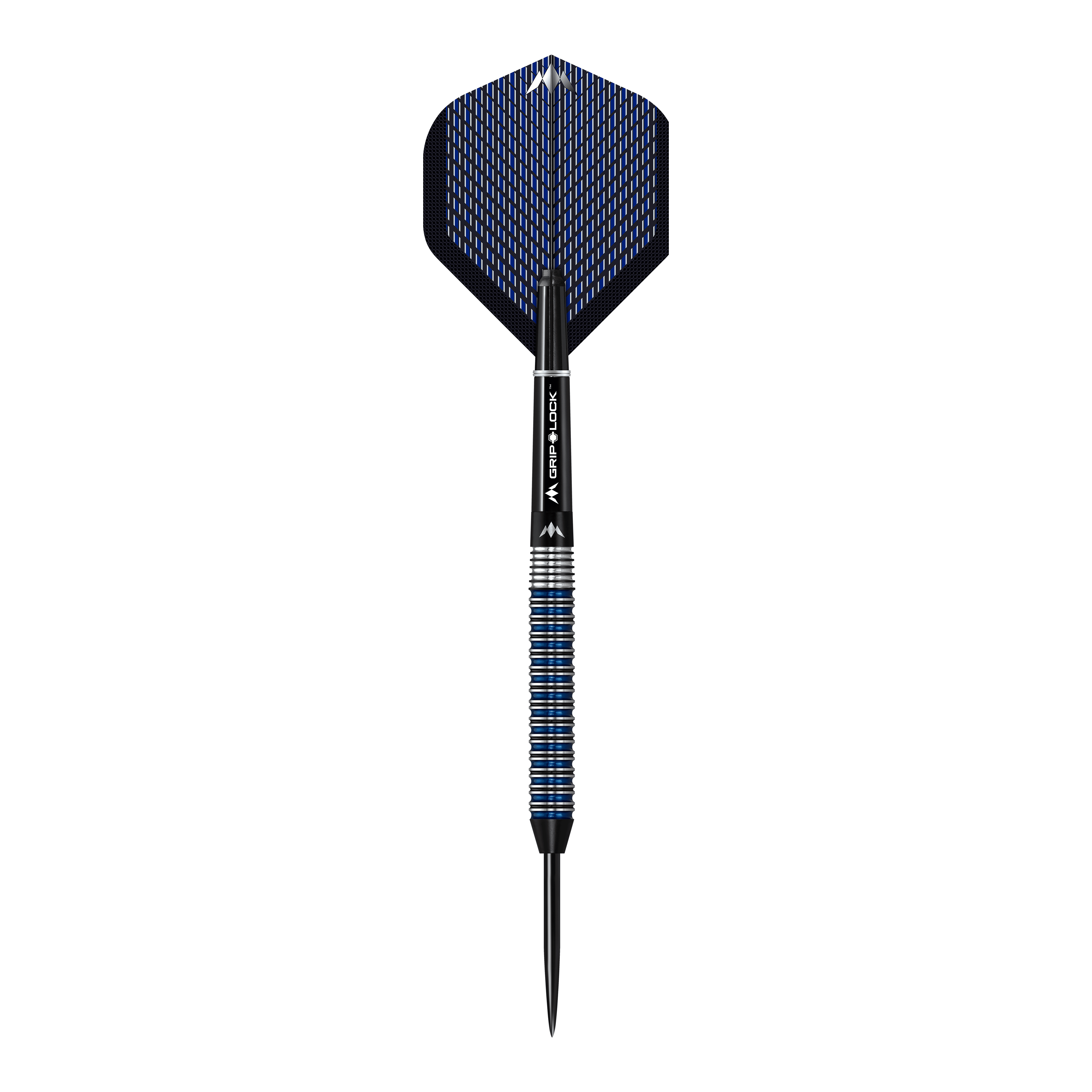 Das Bild zeigt einen Mission Nightfall Model 2 Steeldart. Der Dart hat ein schwarz-blau gemustertes Flight und einen geriffelten silber-blauen Schaft.