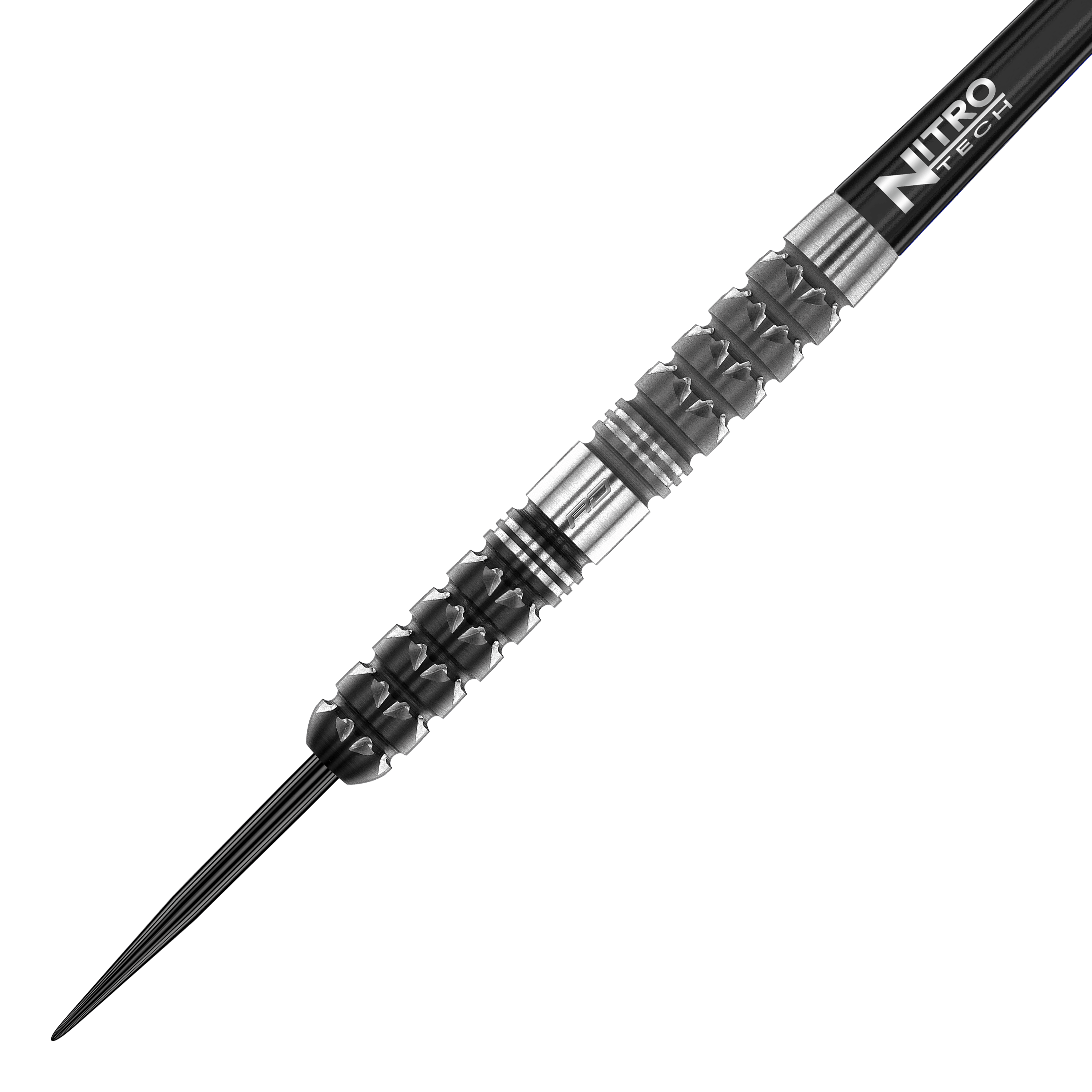Red Dragon Paradym Tapered Steeldarts Auf dem Bild ist ein Red Dragon Paradym Tapered Steeldart zu sehen. Der Dart hat ein schwarz-silbernes, strukturiertes Griffstück und eine spitze Metallspitze.