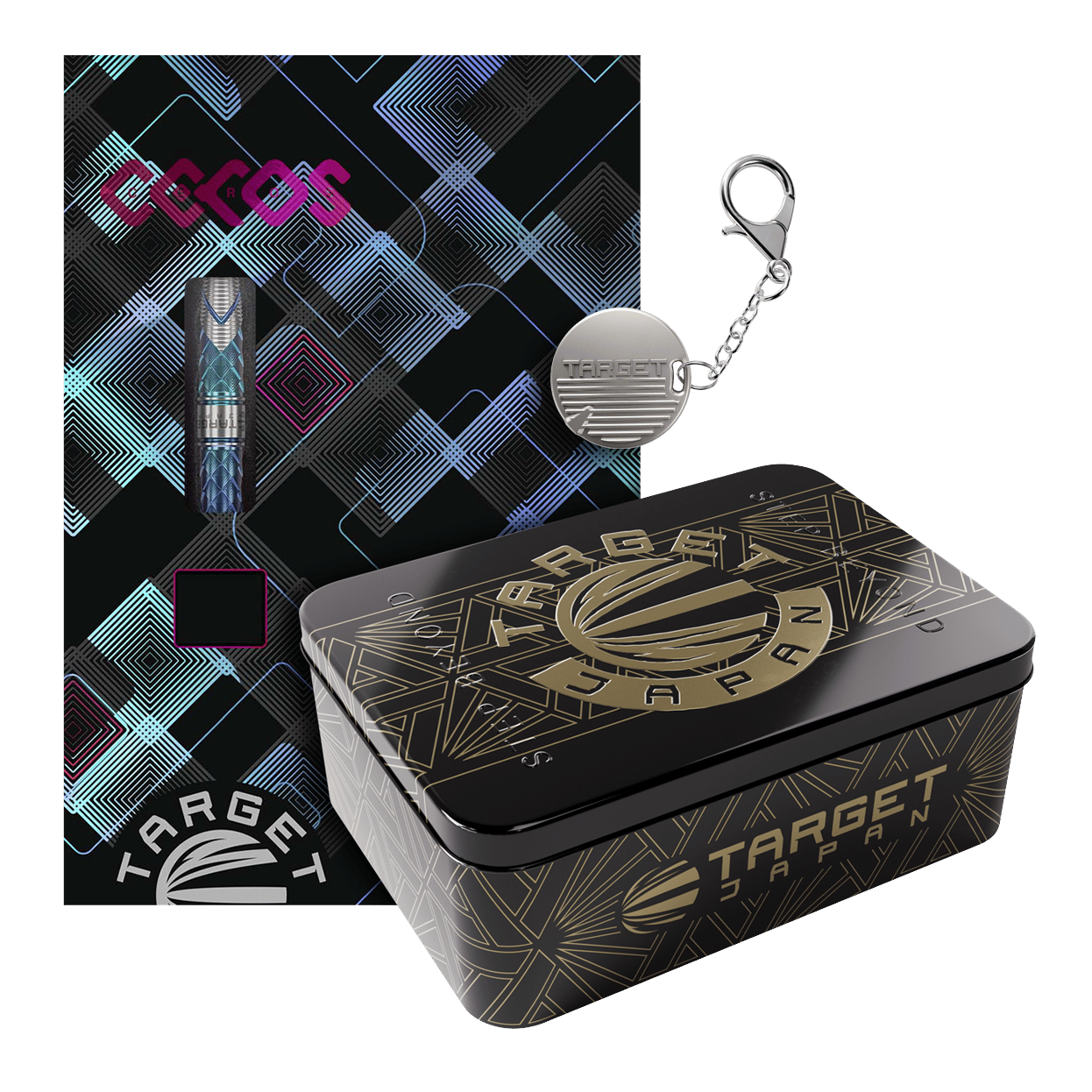 Das Bild zeigt das Produkt "Target Japan Kaze Series Ceros 01 Steeldarts - 23g" mit einer stilvollen Verpackung. Es sind außerdem eine elegante Aufbewahrungsbox und ein Schlüsselanhänger abgebildet.