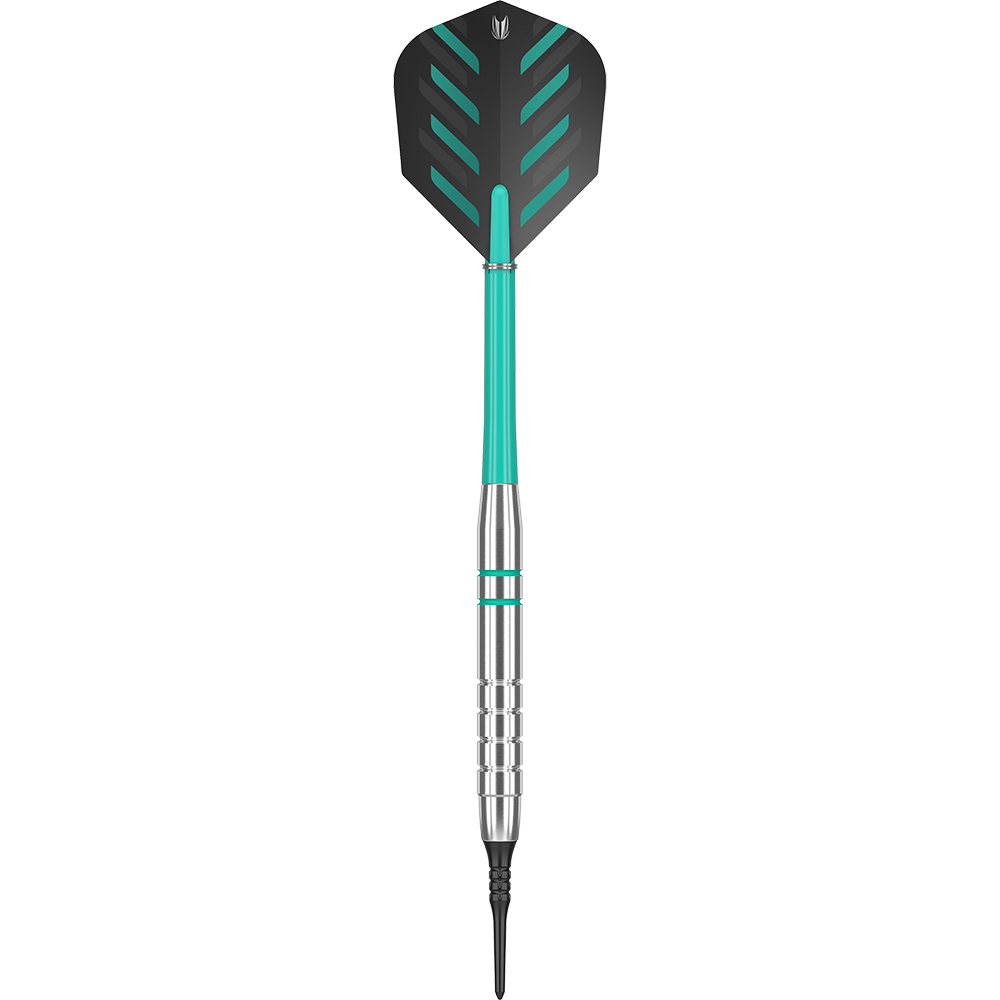 Dies ist ein Target Rob Cross Silver Voltage Softdart mit einem Gewicht von 18g. Der Dart hat eine silberne Spitze, einen türkisfarbenen Schaft und schwarze Flights mit grünen Akzenten.