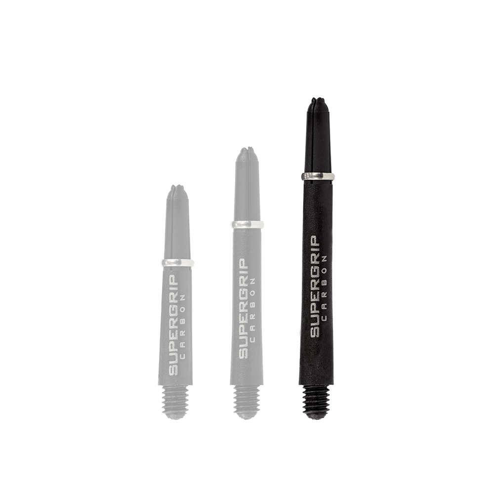 Das Bild zeigt drei schwarze Harrows Supergrip Carbon Shafts in unterschiedlichen Längen. Auf jedem Schaft steht in silberner Schrift "Supergrip Carbon".