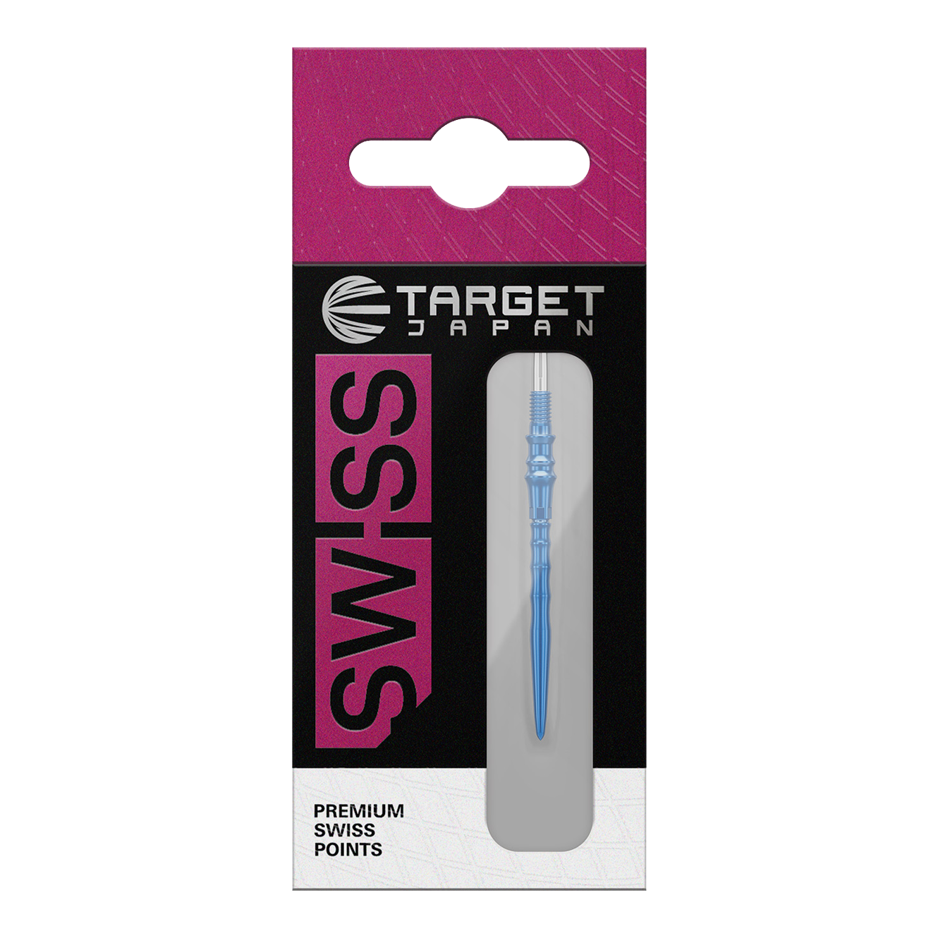Zu sehen sind Target Japan Premium Swiss Point Dartspitzen in der Farbe Blau. Sie werden als Ersatzspitzen für Dartpfeile verwendet.