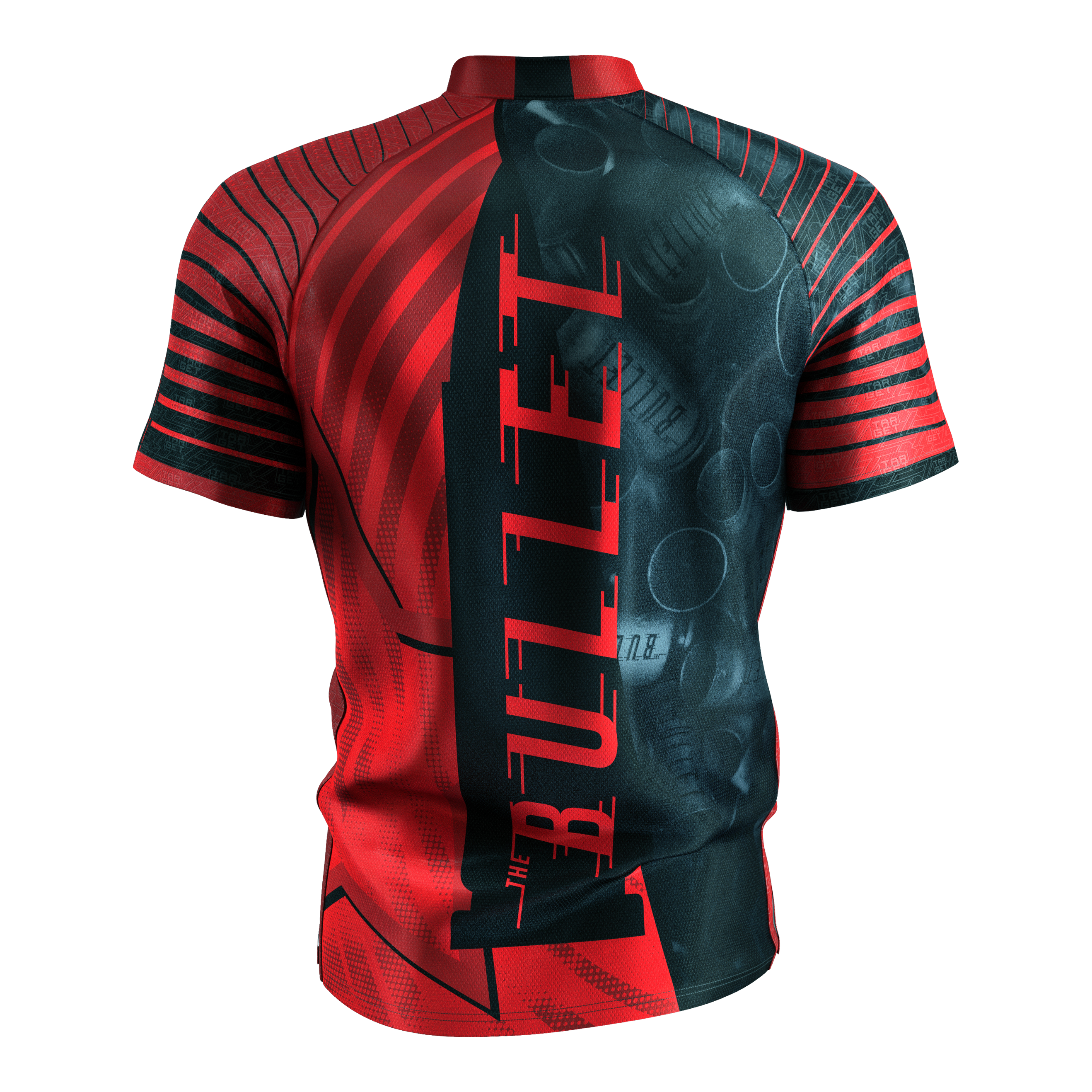 Target Coolplay Stephen Bunting 2025 Dartshirt Das Bild zeigt das "Target Coolplay Stephen Bunting 2025 Dartshirt" von hinten. Das Shirt ist überwiegend rot und schwarz und trägt den Schriftzug "THE BULLET" auf dem Rücken.