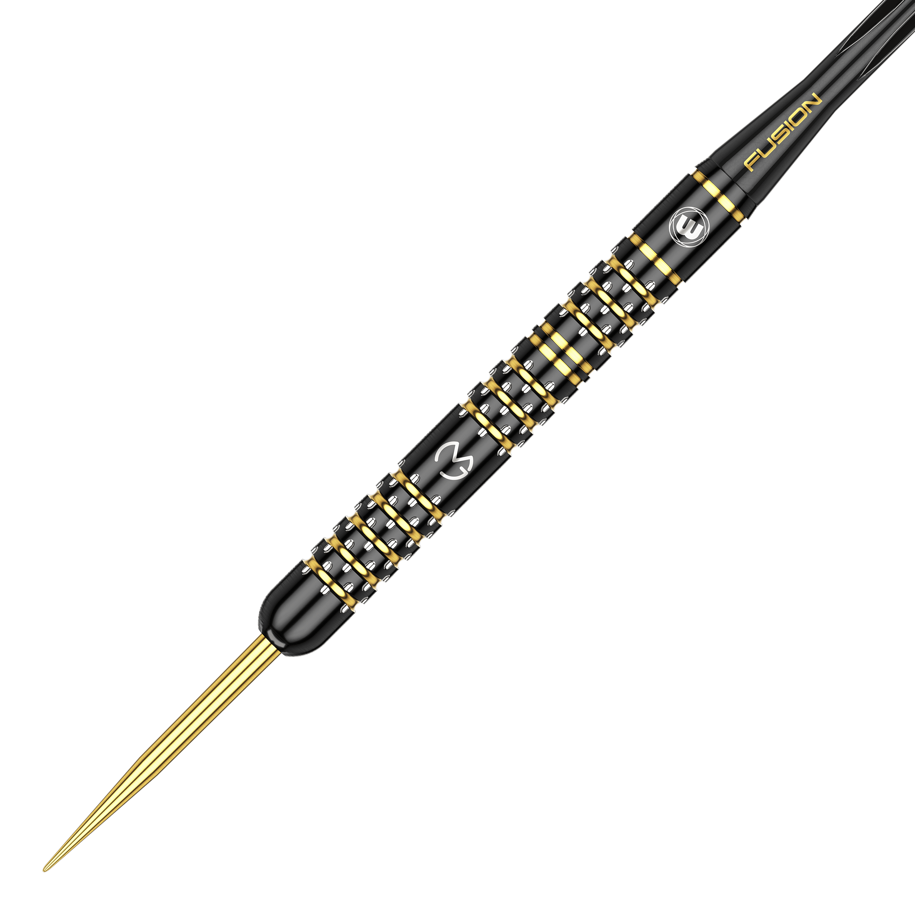 Das Bild zeigt einen Winmau Michael Van Gerwen 5-Year-Anniversary Limited Edition Steeldart mit einem Gewicht von 22,5g. Der Dart ist schwarz und gold gestaltet und trägt das Michael Van Gerwen Logo.