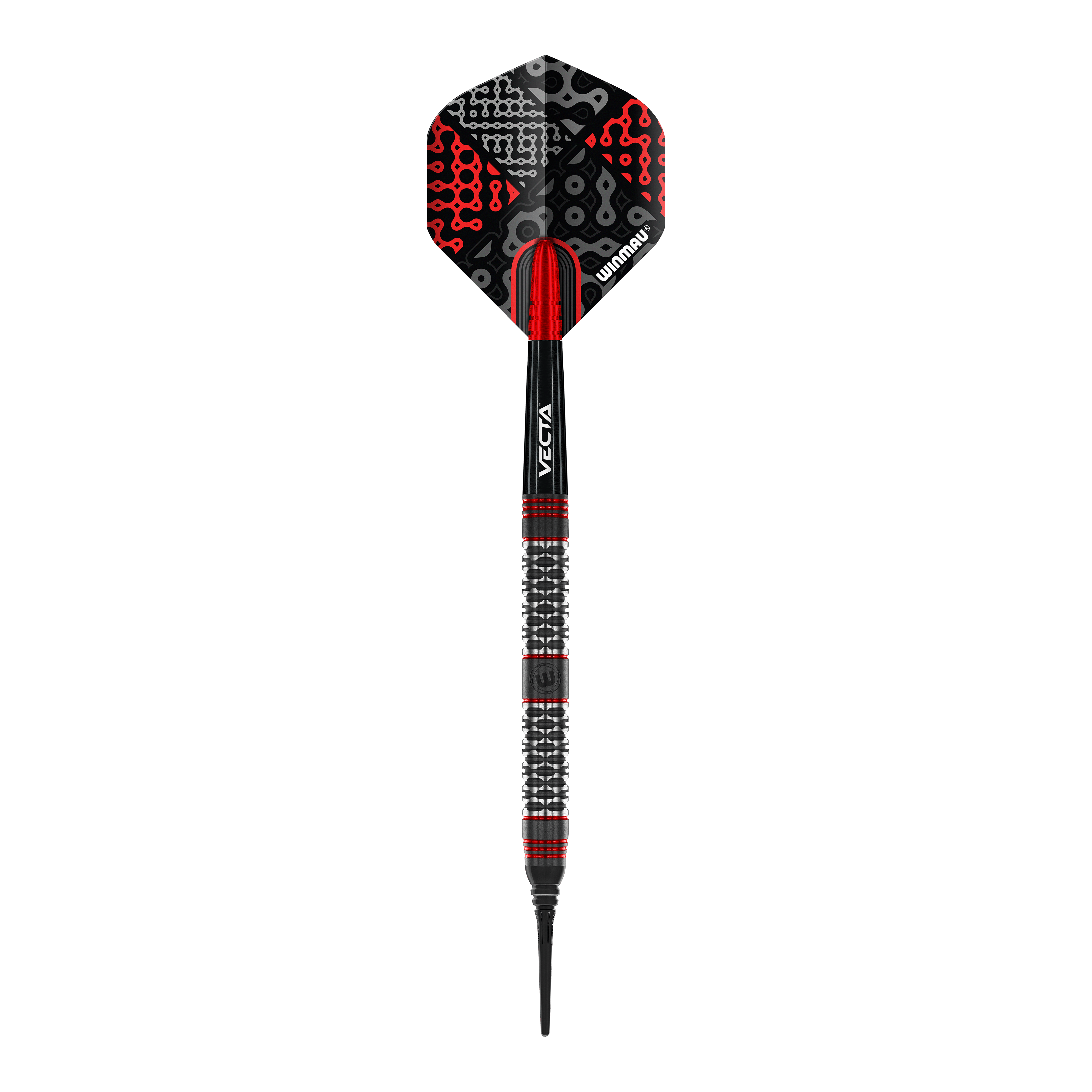 Winmau Cypher Softdarts - 20g Das Bild zeigt einen Winmau Cypher Softdart mit einem Gewicht von 20 Gramm. Der Dart hat ein modernes Design in Schwarz, Rot und Silber.