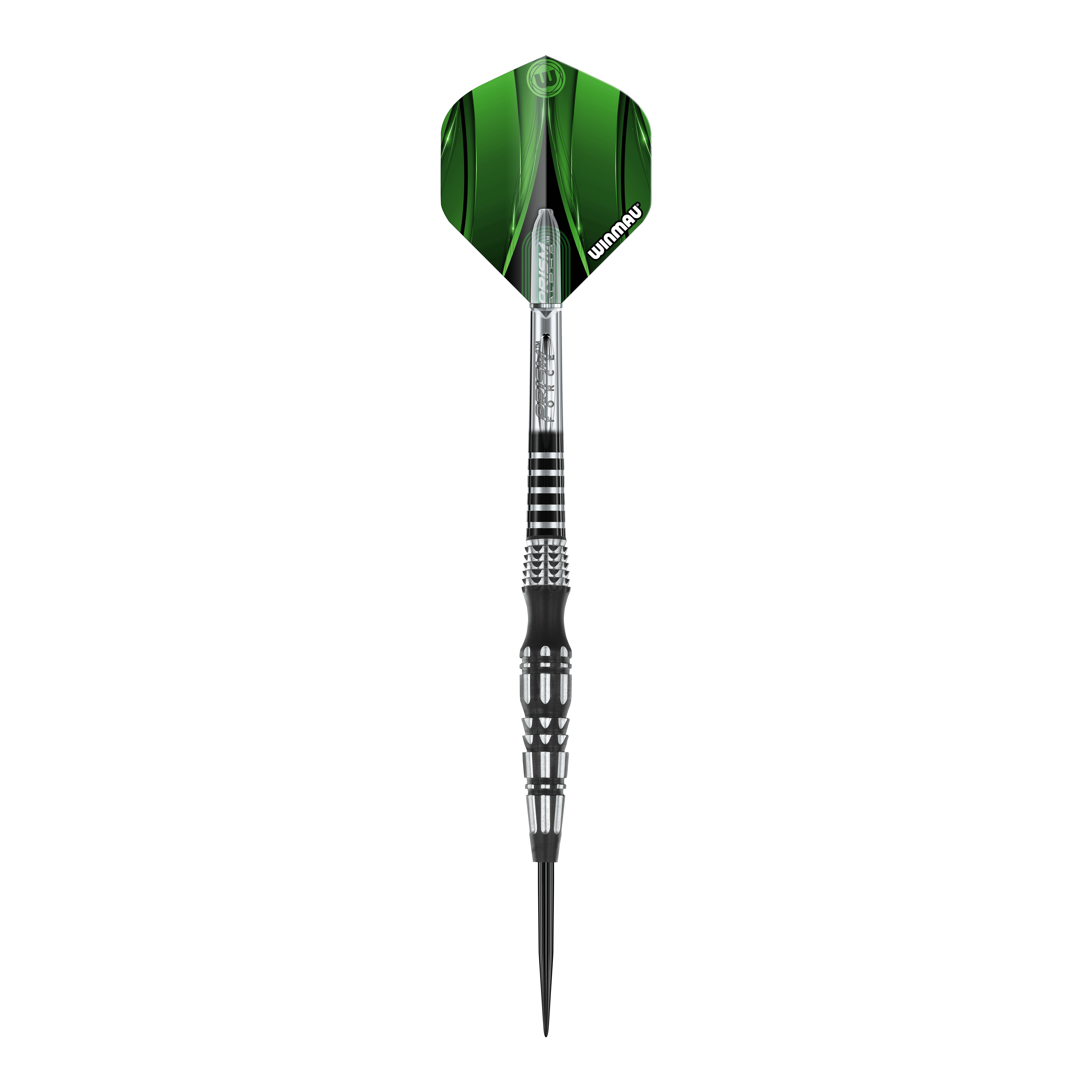 Das Bild zeigt einen Winmau Sniper Special Edition V2 Steeldart. Der Dart hat eine grüne Flight und ein silber-schwarzes, geriffeltes Barrel.