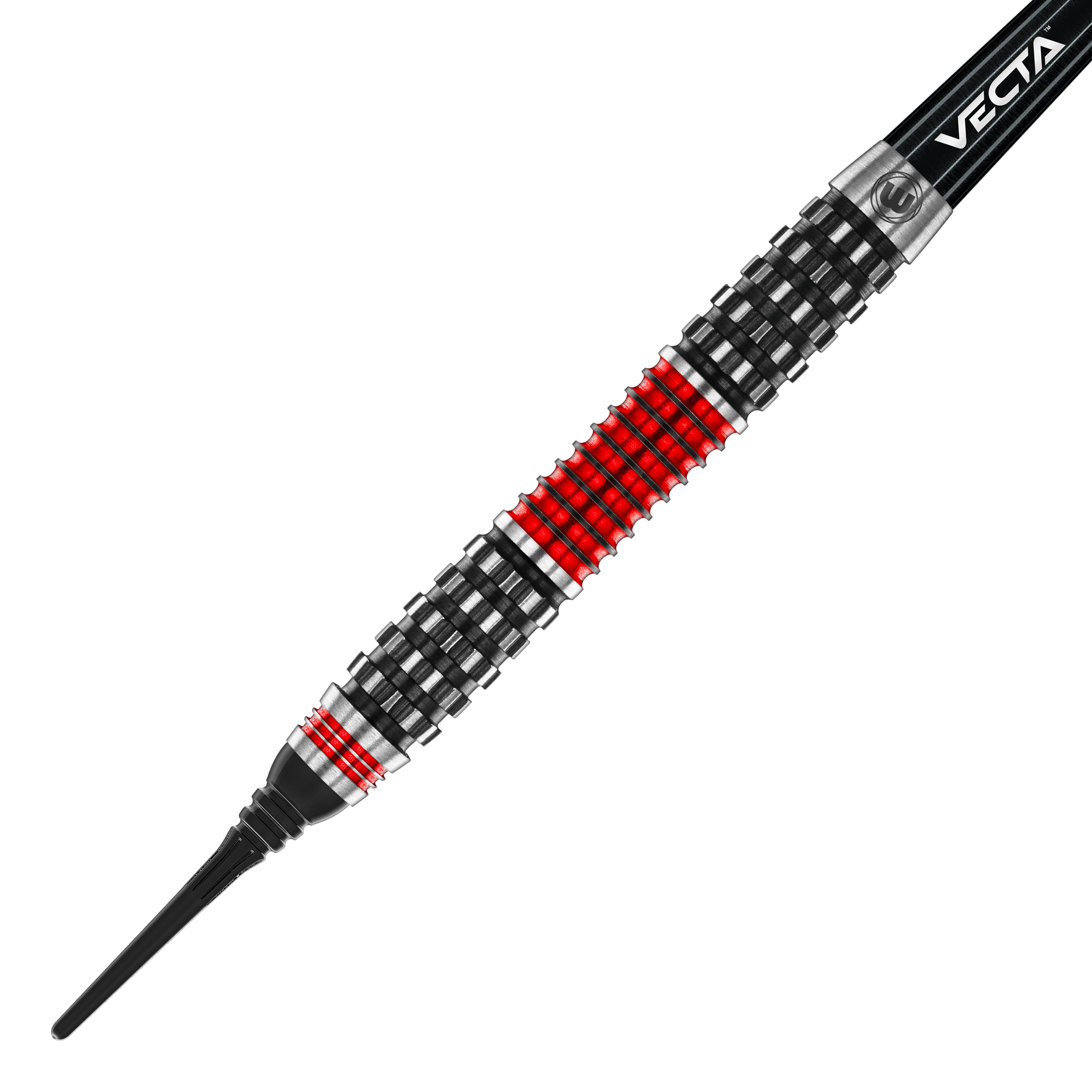 Winmau Joe Cullen Rockstar Series RS1 Softdarts - 20g Dies ist ein Softdart aus der Winmau Joe Cullen Rockstar Series RS1 mit einem Gewicht von 20g. Der Dart hat ein auffälliges Design mit schwarzen, silbernen und roten Ringen am Barrel.