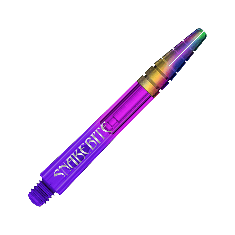 C794_Red_Dragon_Nitrotech_Peter_Wright_Purple_Ionic_Shafts_42mm_2 Das Bild zeigt einen bunten Dart-Schaft in den Farben Lila und Regenbogen. Auf dem Schaft steht das Wort "SNAKEBITE" geschrieben.