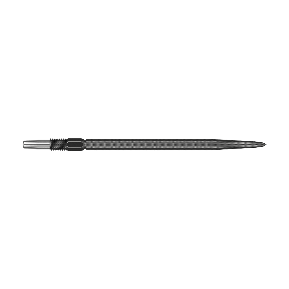 Target Swiss Point Nano Dartspitzen - Black Das Bild zeigt eine schwarze Dartspitze mit feiner Riffelung. Sie ist lang und schlank mit einem metallischen Ansatz auf der linken Seite.