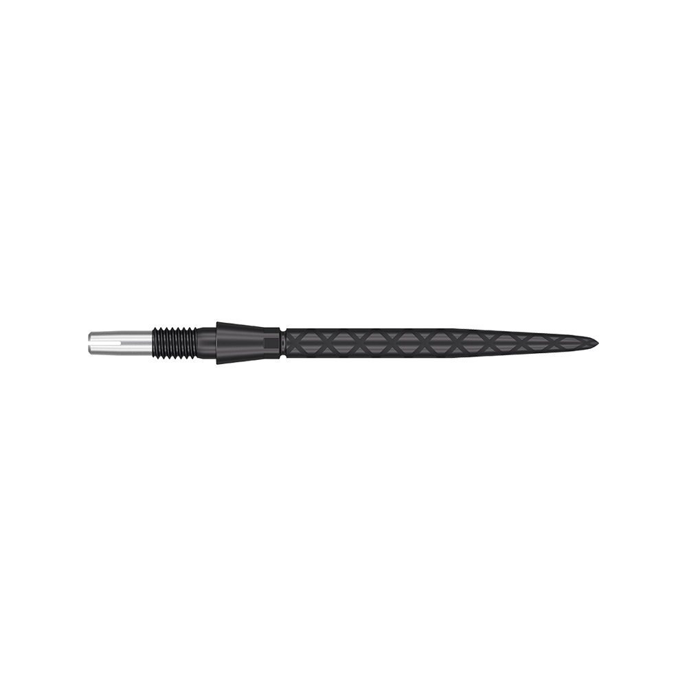 Target Swiss Storm Diamond Point Dartspitzen - Schwarz Auf dem Bild ist eine schwarze Dartspitze mit diamantförmigem Muster zu sehen. Sie ist lang und hat ein präzises, spitzes Ende.