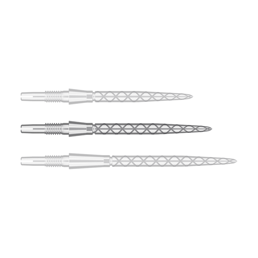 Target Swiss Storm Diamond Point Dartspitzen - Silber Auf dem Bild sind drei silberne Dartspitzen mit Rautenmuster zu sehen. Sie sind nebeneinander in einer Reihe angeordnet.