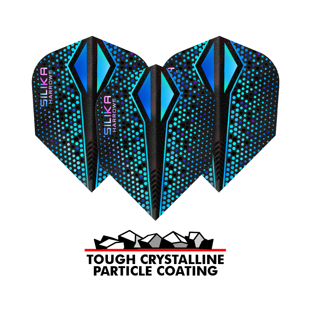 Das Bild zeigt drei blaue Harrows Silika Colourshift Tough Crystalline Coating Blue-X No6 Flights. Darunter steht der Schriftzug "Tough Crystalline Particle Coating" mit einer Grafik von Kristallteilchen.
