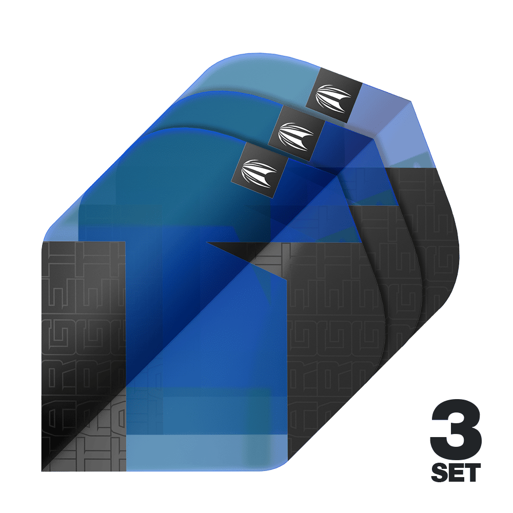 Das Bild zeigt drei blaue Dart-Flights des Modells "Target Pro Ultra TAG Blau No2 Standard". In der rechten unteren Ecke steht "3 Set", was auf drei enthaltene Sets hinweist.