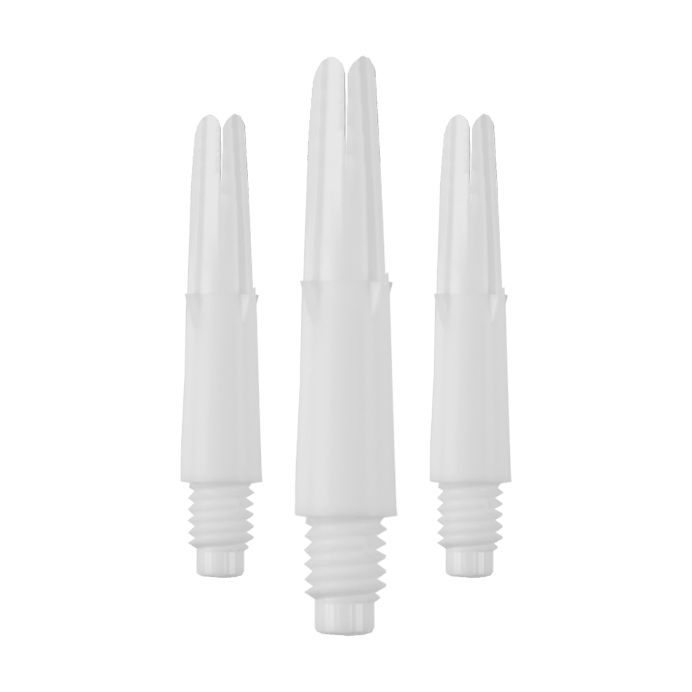 L-Style L-Shafts Locked Straight - White 130 Das Bild zeigt drei gerade, weiße Dartschäfte mit Gewinde. Sie sind ohne Kappen und in unterschiedlichen Längen angeordnet.