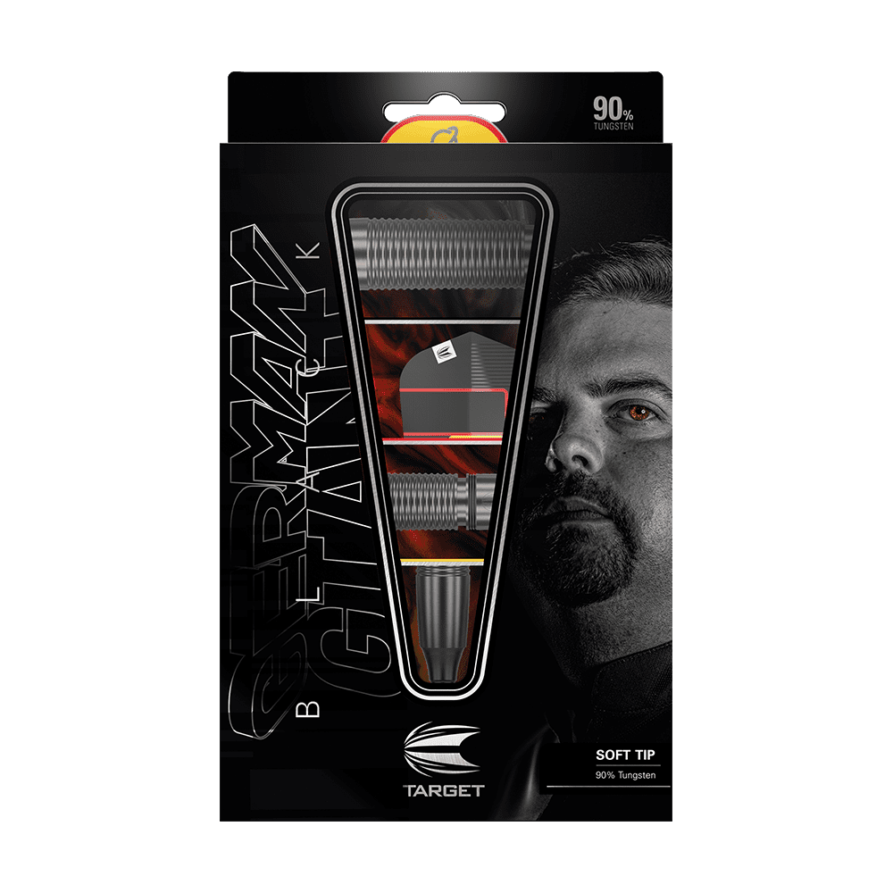 210322_Target_Gabriel_Clemens_Black_Edition_Softdarts_3 Die Verpackung zeigt die Target Gabriel Clemens Black Edition Softdarts mit einem Gewicht von 19g. Auf der Vorderseite ist neben den Darts ein Porträt von Gabriel Clemens zu sehen.