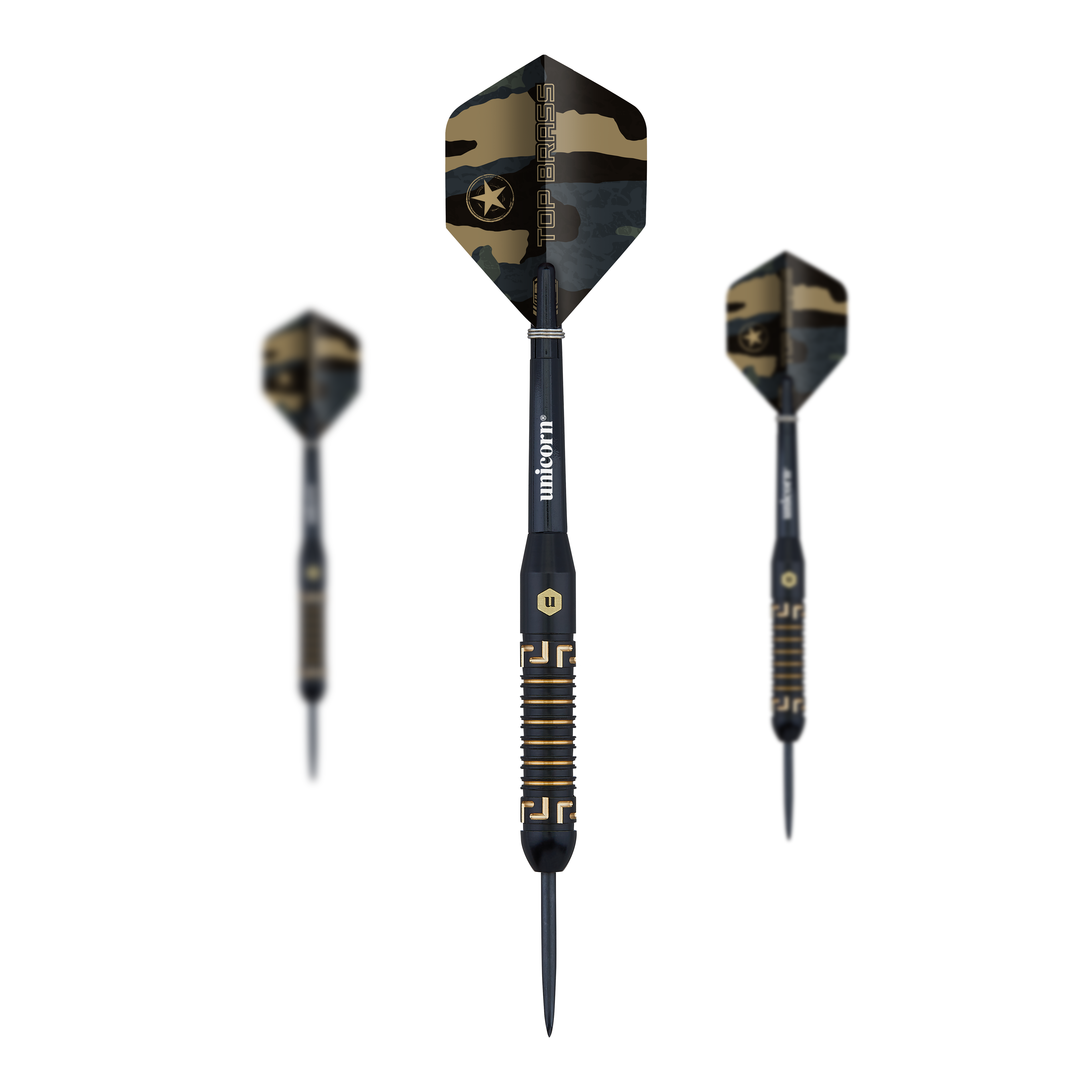 Das Bild zeigt drei Steeldarts des Produkts "Unicorn Top Brass V1" mit einem Gewicht von 20g. Die Darts haben ein schwarzes und goldenes Design mit Camouflage-Flights.