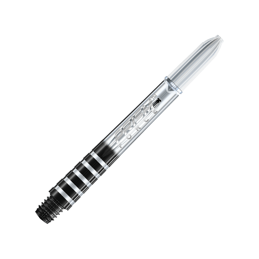 Das Bild zeigt einen klaren Winmau Prism Force Shaft für Darts. Der Schaft hat ein transparentes Design mit eingraviertem Schriftzug.