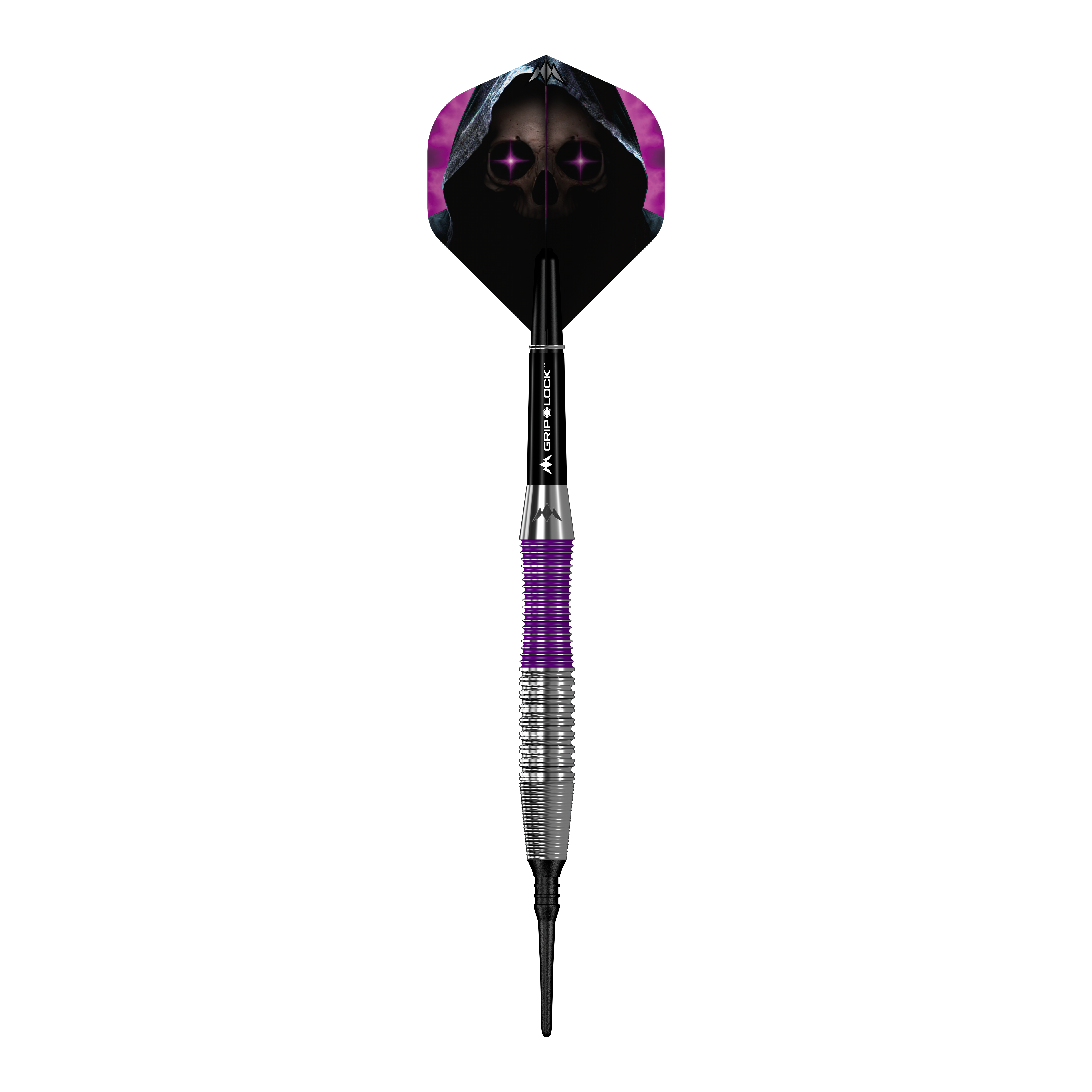 Der Mission Phantom Brass Softdart - 18g hat ein markantes Design mit lila und silbernem Griff. Das Dartflight zeigt ein gruseliges Totenkopf-Motiv mit violetten Augen und Kapuze.