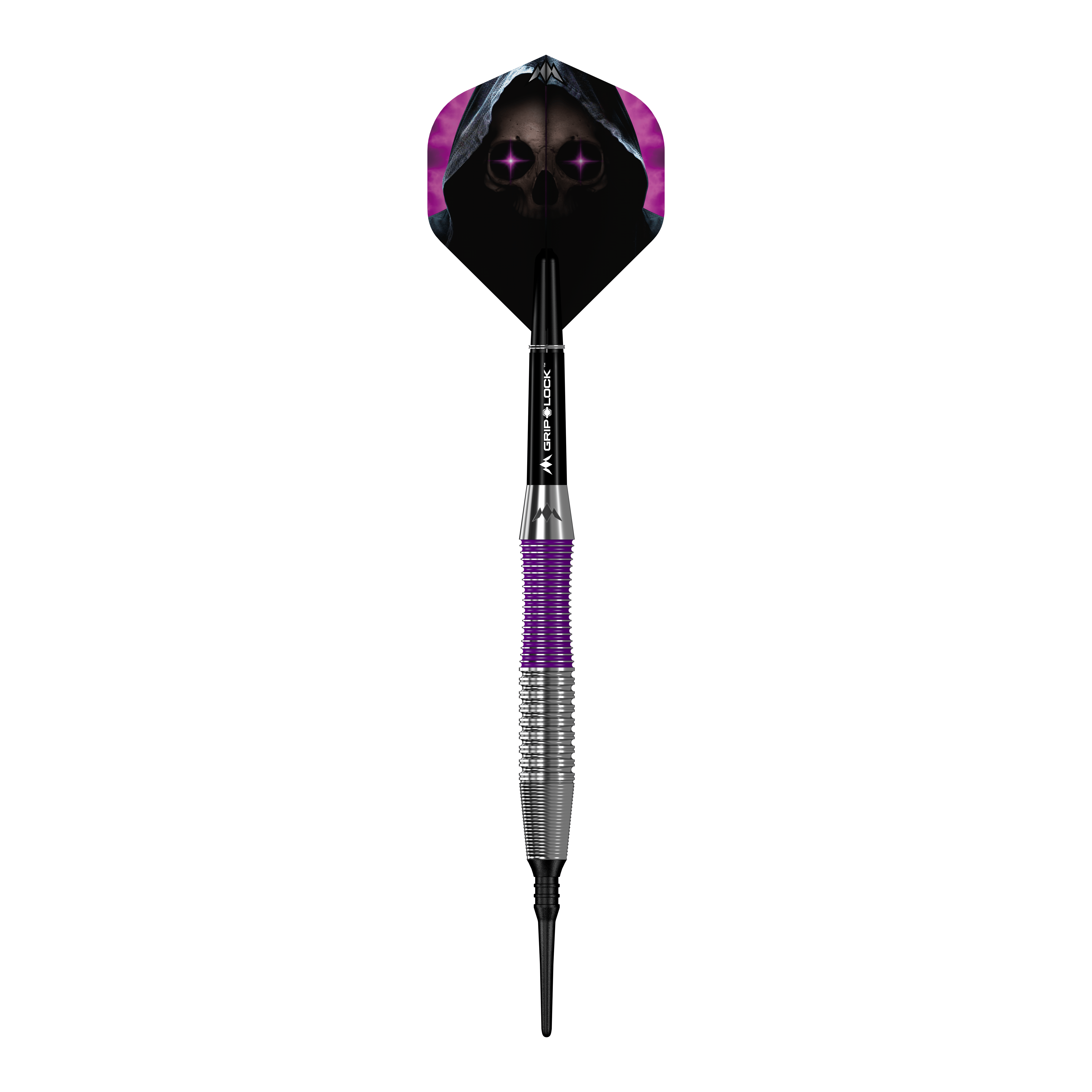 Mission Phantom Brass Softdarts - 18g Der Mission Phantom Brass Softdart - 18g hat ein markantes Design mit lila und silbernem Griff. Das Dartflight zeigt ein gruseliges Totenkopf-Motiv mit violetten Augen und Kapuze.