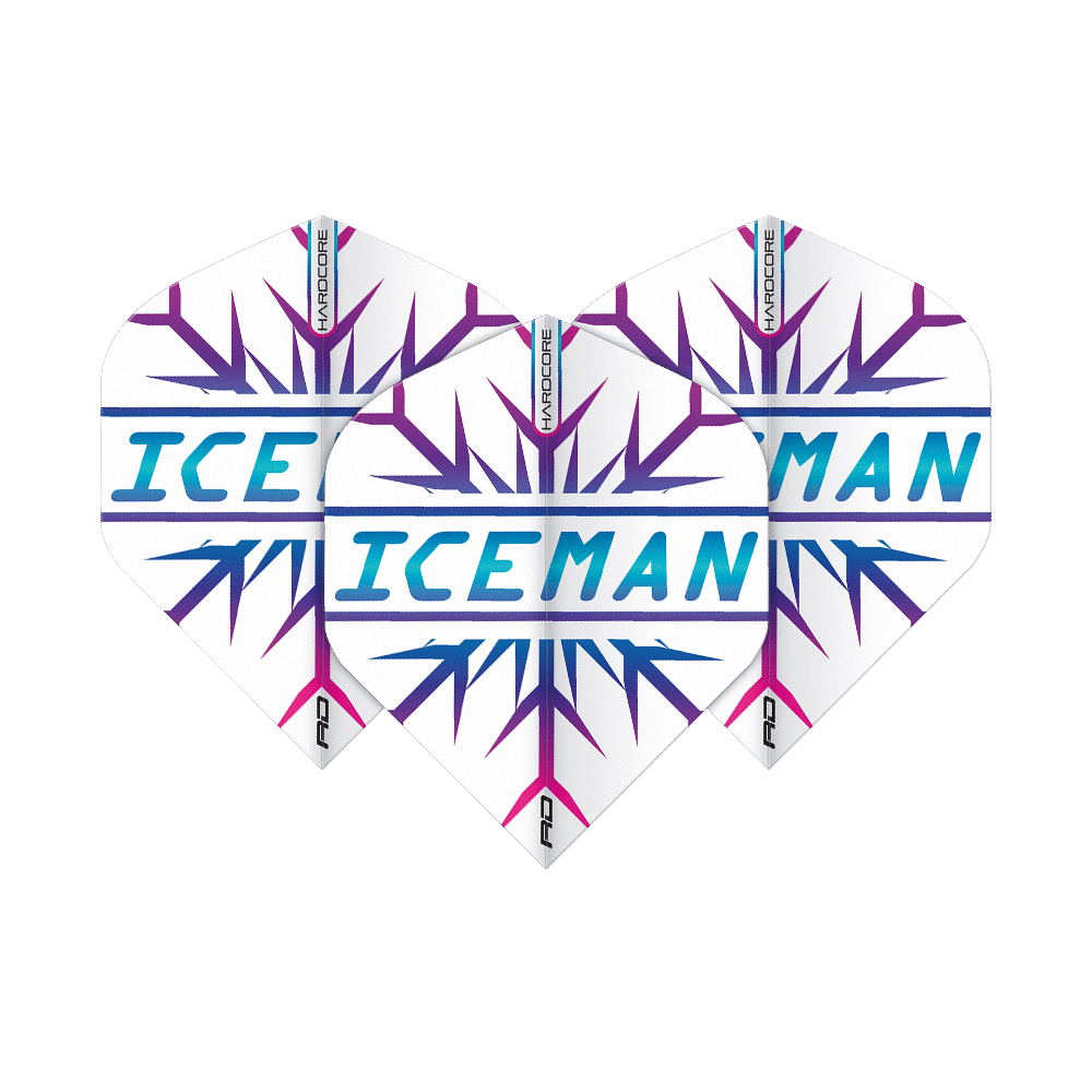 Das Bild zeigt drei Dartflights mit einem weißen Hintergrund und lilafarbenen Schneeflockenmustern. In der Mitte steht in blauen Buchstaben das Wort „ICEMAN“.