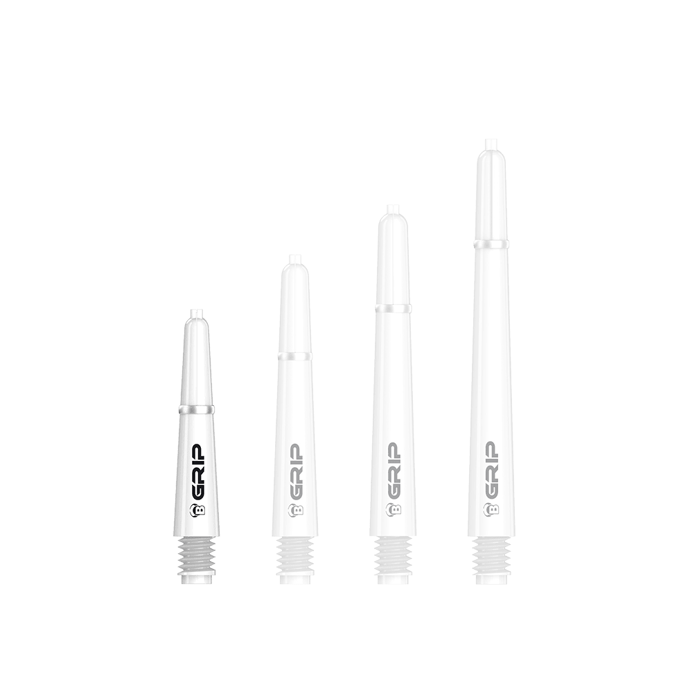 Das Bild zeigt vier weiße Bulls B-Grip-2 SL Shafts in unterschiedlichen Längen. Sie sind nebeneinander angeordnet und haben ein schwarzes "GRIP"-Logo aufgedruckt.