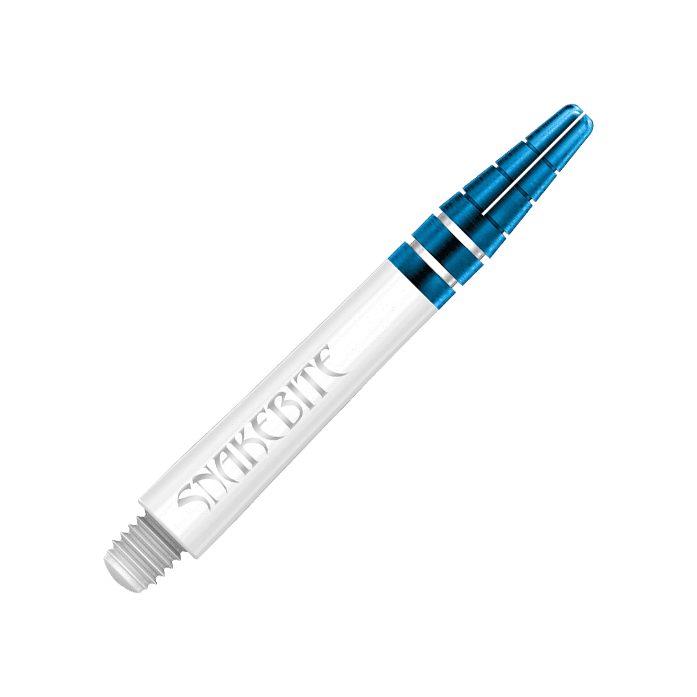 Das Bild zeigt einen Red Dragon Nitrotech Peter Wright Blue Shaft mit einer Länge von 39 mm. Der Schaft ist weiß mit blauen Metallringen und trägt die Aufschrift "SNAKEBITE".