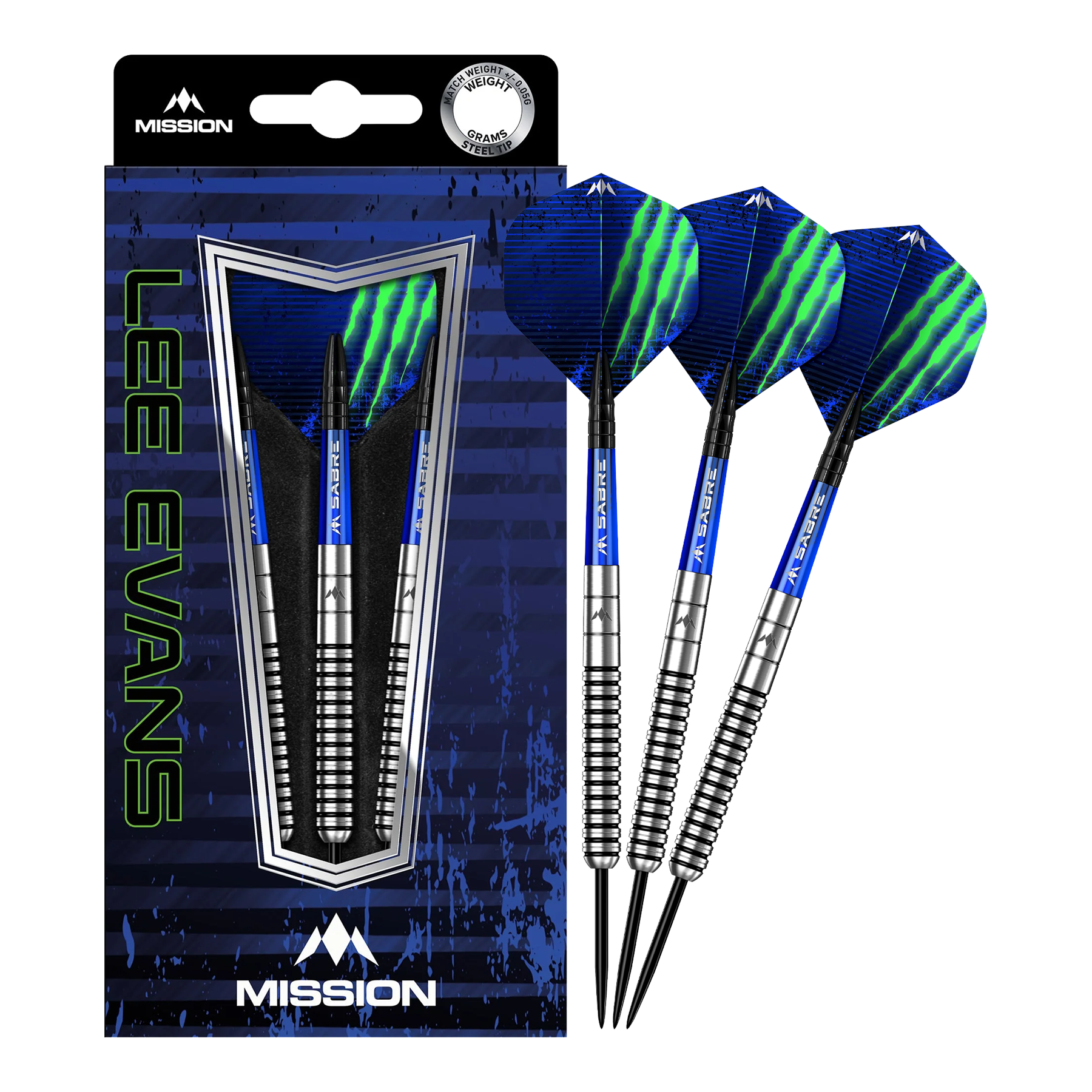 Mission Lee Evans Black Electro Steeldarts Das Bild zeigt die "Mission Lee Evans Black Electro Steeldarts" in ihrer Verpackung und daneben drei ausgepackte Darts. Die Darts haben blaue und grüne Flights sowie silberne und schwarze Griffe.