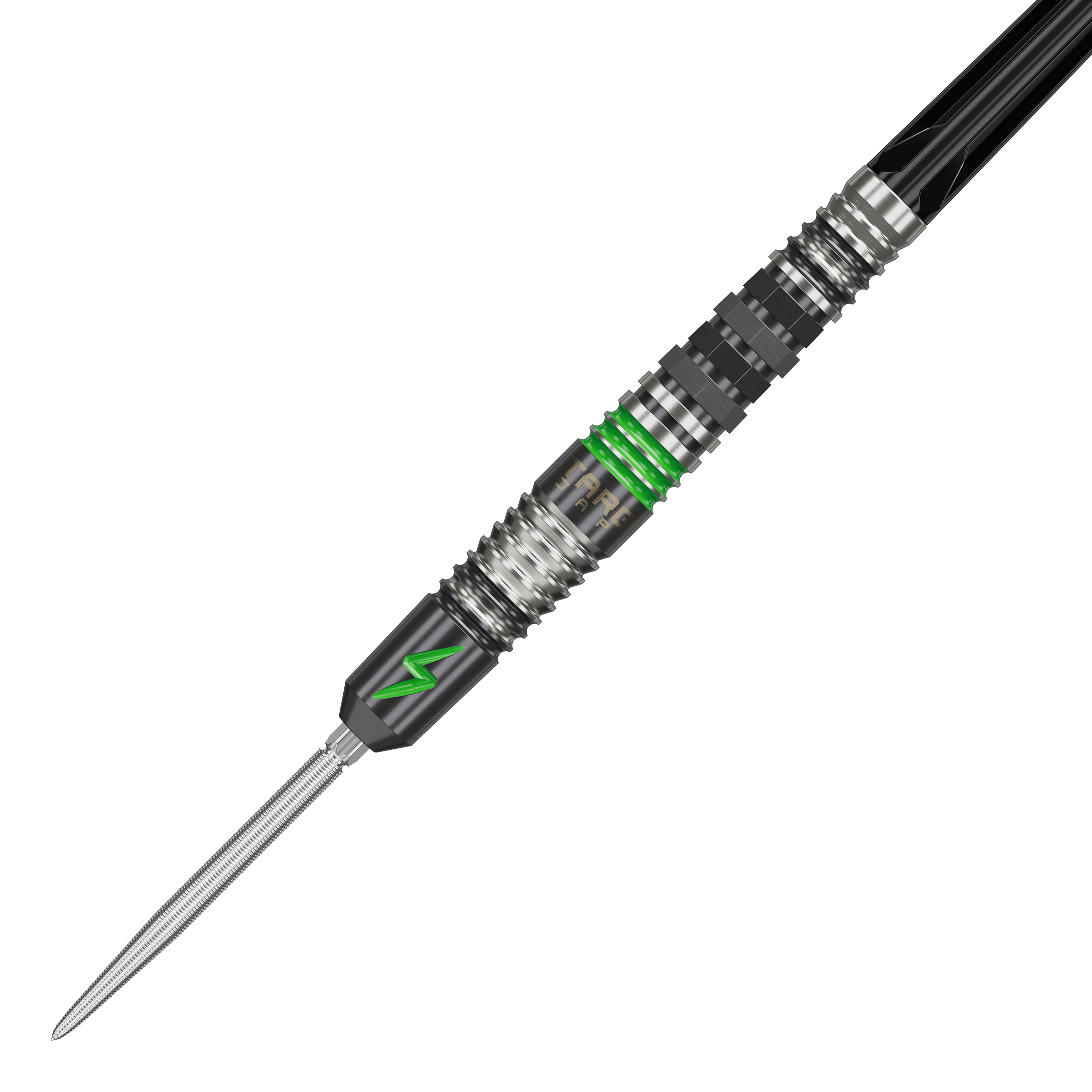 Das Bild zeigt einen Target Japan Black Marque Lightning 3 SP Steeldart. Der Dartpfeil hat ein modernes Design mit schwarzen und silbernen Elementen sowie auffälligen grünen Akzenten.