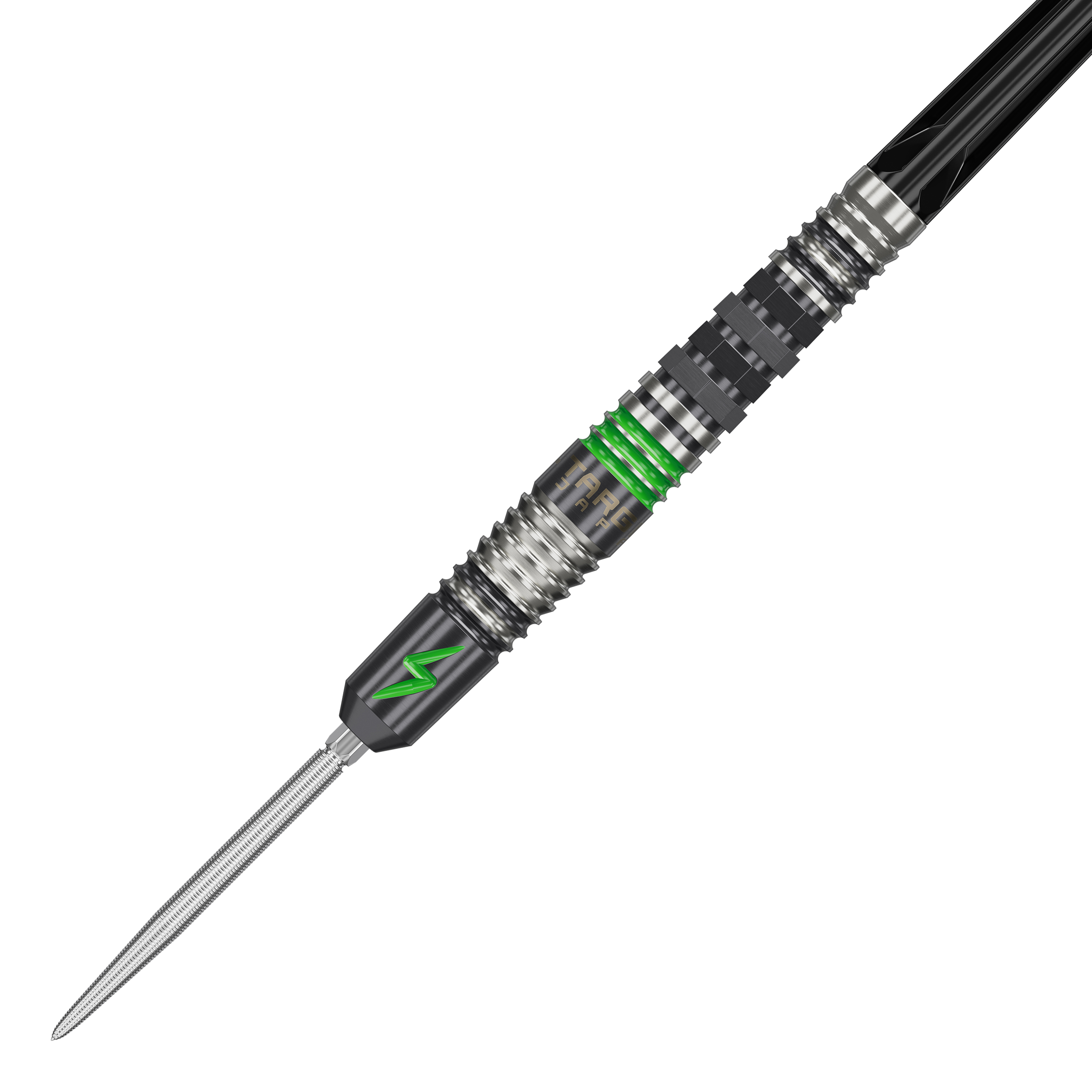 Target Japan Black Marque Lightning 3 SP Steeldarts Das Bild zeigt einen Target Japan Black Marque Lightning 3 SP Steeldart. Der Dartpfeil hat ein modernes Design mit schwarzen und silbernen Elementen sowie auffälligen grünen Akzenten.
