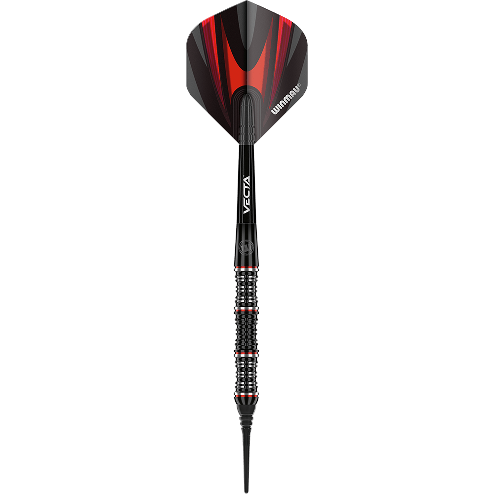 2440_Winmau_Mervyn_King_Special_Edition_Softdarts_1sK7i5faRNs77F Das Bild zeigt den Winmau Mervyn King Special Edition Softdart. Der Dart hat ein schwarzes Design mit roten Akzenten und einem strukturierten Griff.
