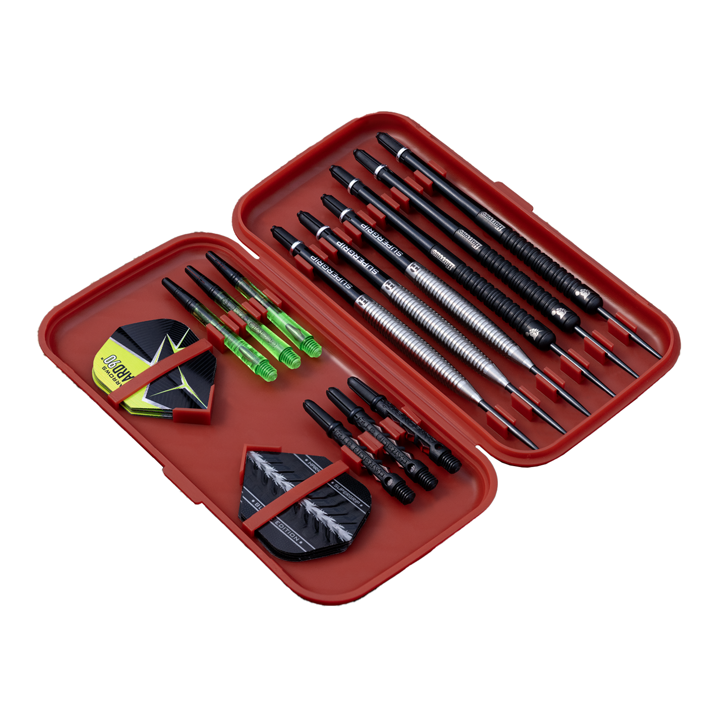 Harrows Slimcase Darttasche Das Bild zeigt ein rotes Dart-Etui, das verschiedene Darts und Zubehör enthält. Im Etui sind mehrere Dartpfeile, Flights und Ersatzteile ordentlich angeordnet.