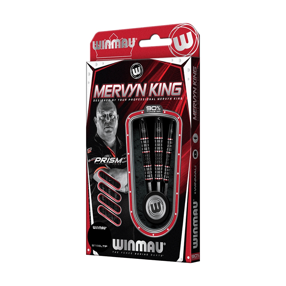 Das Bild zeigt die "Winmau Mervyn King Special Edition Steeldarts" in ihrer Verpackung. Die Verpackung ist überwiegend rot und schwarz und zeigt ein Bild von Mervyn King sowie die enthaltenen Steeldarts.