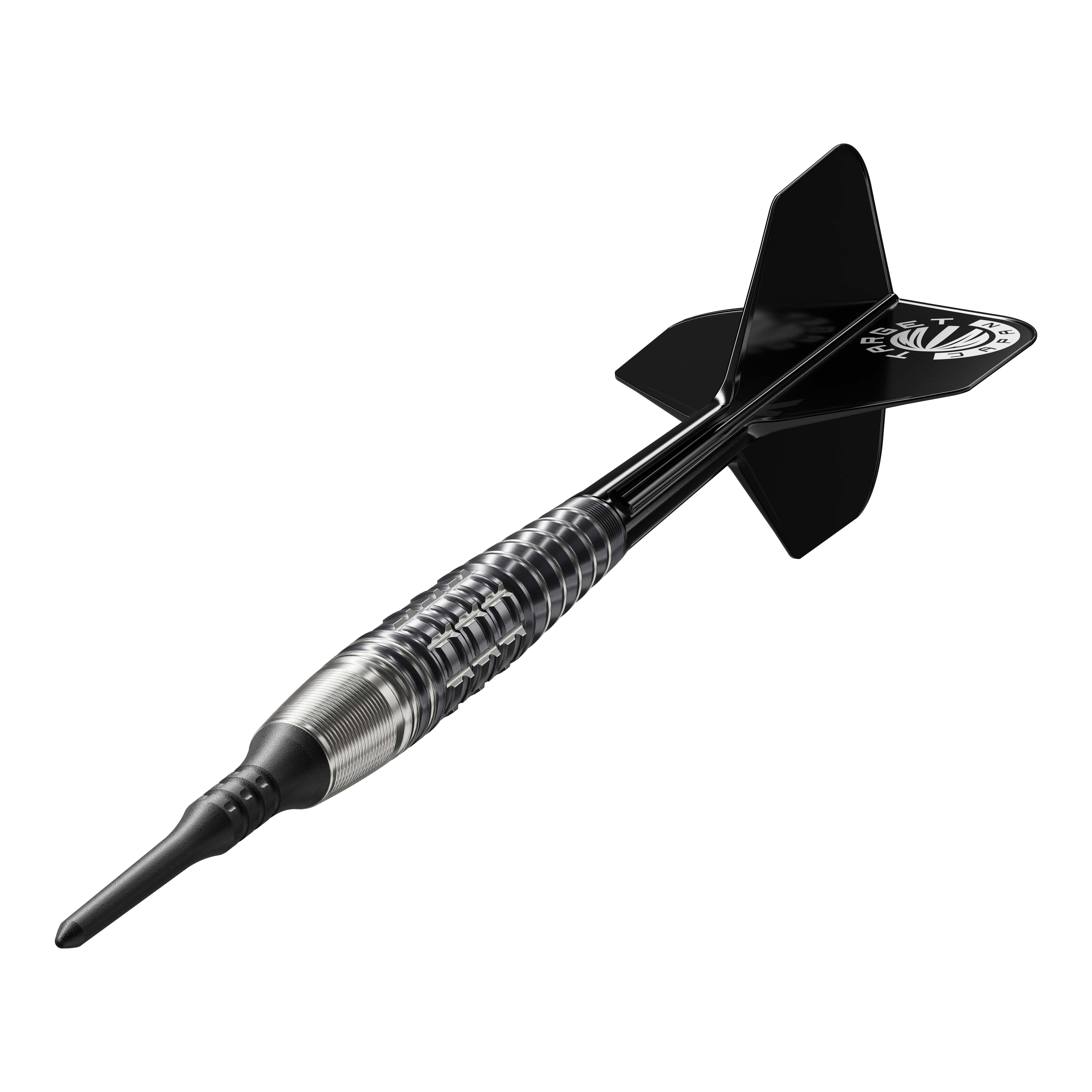 Target Japan Prime Series Harold Ching GEN1 Zenith MAX Softdarts - 21g Das Bild zeigt einen Softdart aus der Serie "Target Japan Prime Series Harold Ching GEN1 Zenith MAX" mit einem Gewicht von 21g. Der Dart hat ein schwarz-silbernes Design mit schwarzen Flights.