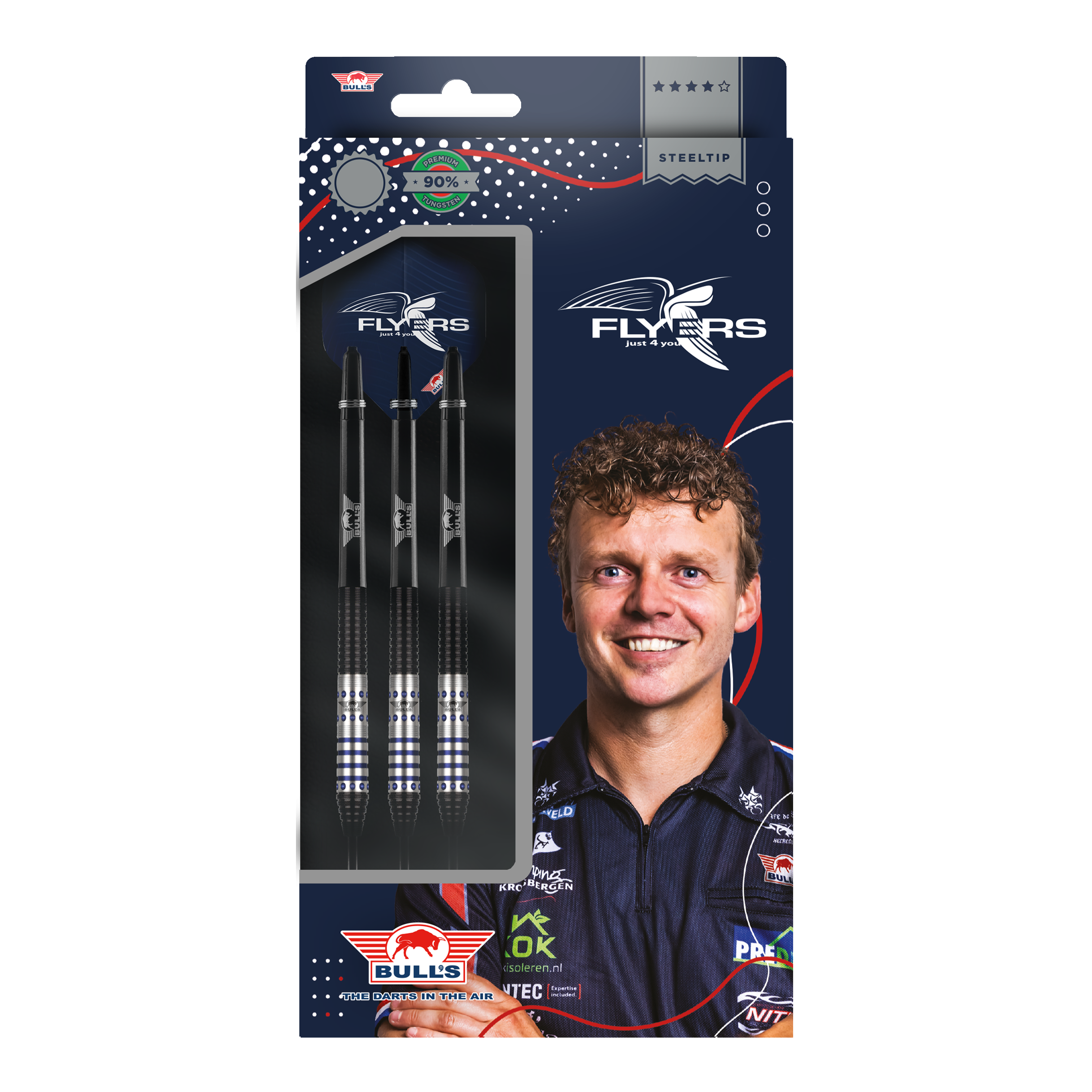 Die Abbildung zeigt eine Verpackung der "Bulls NL Richard Veenstra 90 Steeldarts - 23g". Auf der Vorderseite sind drei Steeldarts und das Bild eines lächelnden Mannes abgebildet.