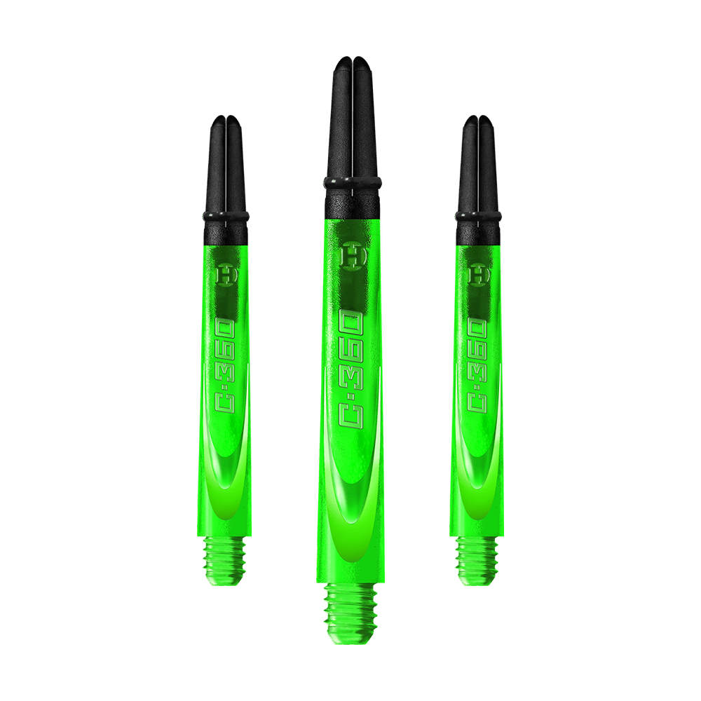 HR454_Harrows_Carbon_360_Shafts_Gr-n_49mm_1Cfq50njuTJnH2 Auf dem Bild sind drei grüne Dart-Schäfte aus Carbon mit schwarzem oberen Ende zu sehen. In der Mitte steht ein etwas längerer Schaft, links und rechts davon jeweils ein kürzerer.