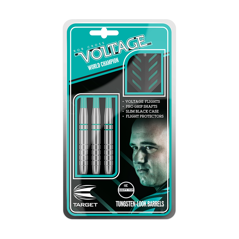 Das Bild zeigt die Verpackung der "Target Rob Cross Silver Voltage Softdarts - 18g". In der Verpackung sind drei silberne Softdarts mit Zubehör wie Flights und Schäften zu sehen.