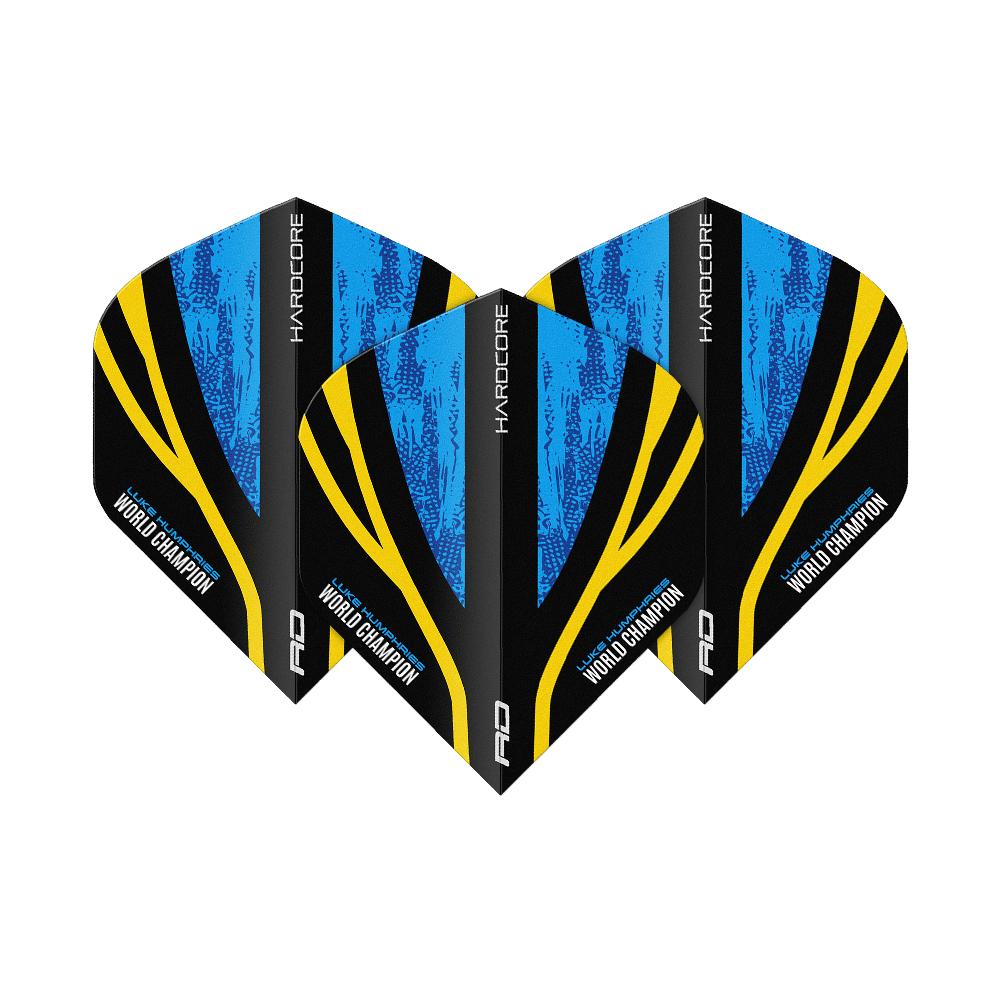 Das Bild zeigt drei Dartflights des Produkts "Red Dragon Hardcore Luke Humphries World Champion Standard Flights". Die Flights sind in den Farben Blau, Schwarz und Gelb gestaltet und tragen die Aufschrift "World Champion".