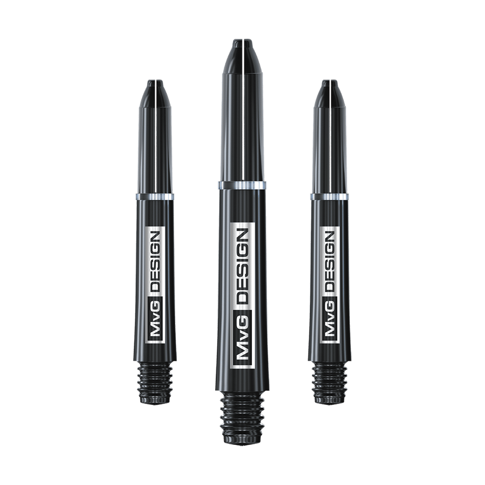 Das Bild zeigt drei schwarze Dartschäfte mit der Aufschrift „MvG DESIGN“. Es handelt sich um die Winmau Nylon Ring Grip MvG Design Black Shafts.