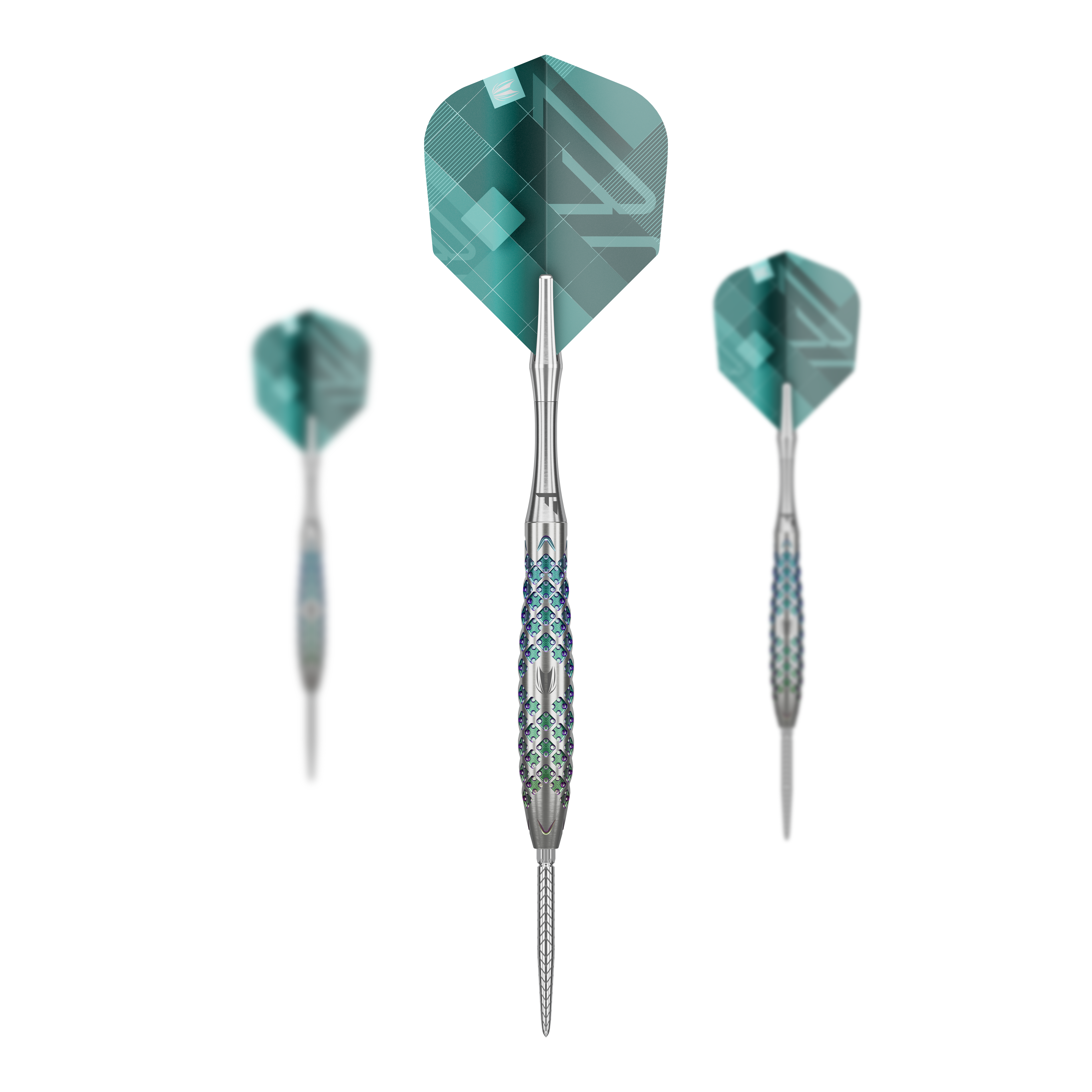 Target Rove 02 Swiss Point Steeldarts Das Bild zeigt drei Steeldarts des Modells "Target Rove 02 Swiss Point". Die Darts haben silberne Barrels mit blauen Akzenten und grüne Flights mit geometrischem Muster.