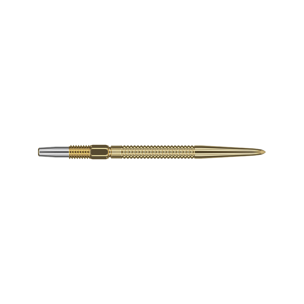 Das Bild zeigt eine goldfarbene Dartspitze aus Metall. Die Spitze hat eine geriffelte Struktur für besseren Halt.