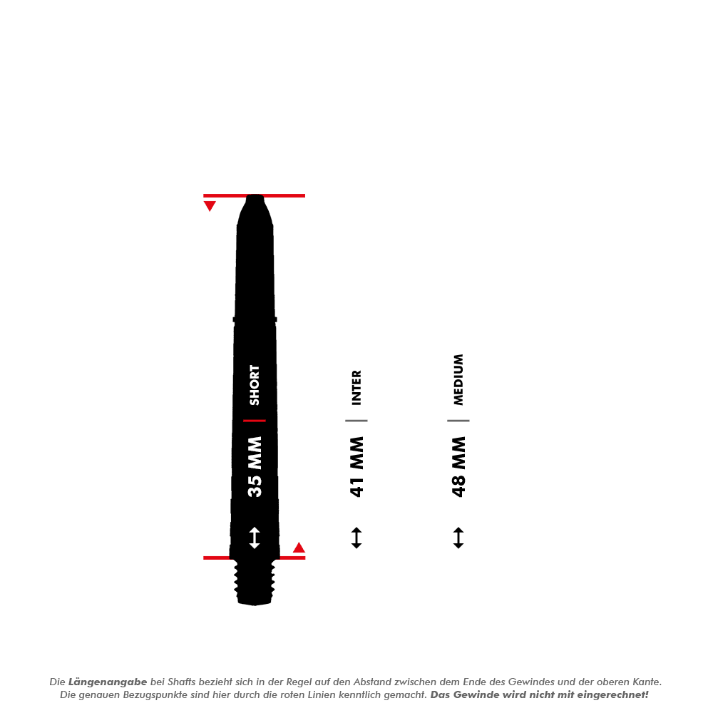 7020_Winmau_Prism_Force_Shafts_5_35mmlc7G0ytN5vlgP Das Bild zeigt verschiedene Längen von Dartshafts, gemessen in Millimetern: 35 mm (Short), 41 mm (Inter), und 48 mm (Medium). Die Messung erfolgt vom Ende des Gewindes bis zur oberen Kante, das Gewinde wird nicht mit einberechnet.