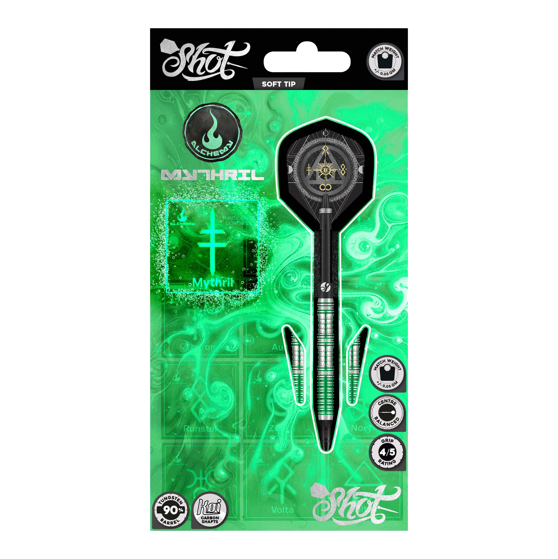 Shot Alchemy Mythril Softdarts - 20g Das Bild zeigt die Shot Alchemy Mythril Softdarts mit einem Gewicht von 20g. Hier sieht man das Produkt aus einer bestimmten Perspektive.